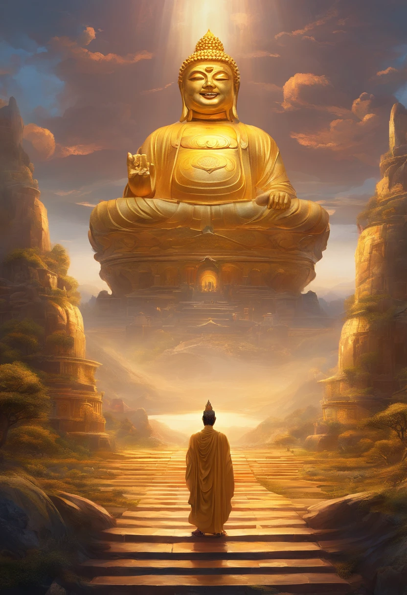 A huge golden Buddha statue stands on the mountain,Pilgrims on the road,Light smile,China-style,In the distance, surrealism, stereograms, tachi-e, Atmospheric perspective, hyper photorealism, Cinematic lighting, god light, Super detail, ccurate, Best quality, Masterpiece, 16k, High details, A high resolution, Award-Awarded, Super detail, Anatomically correct