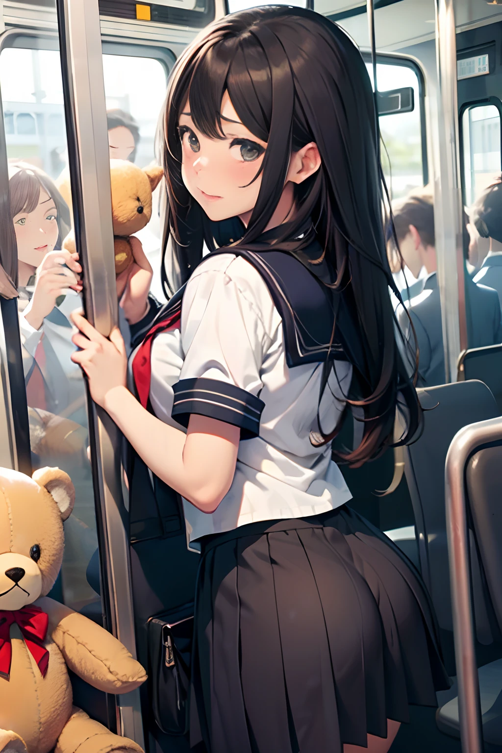 grasp、、High school girl in sailor suit grabs butt on bus、pleatedskirt、a beauty girl１a person、teddy bears１a person、Grabbing the buttocks、molesting、Touching your buttocks on the bus、夏天、red blush、