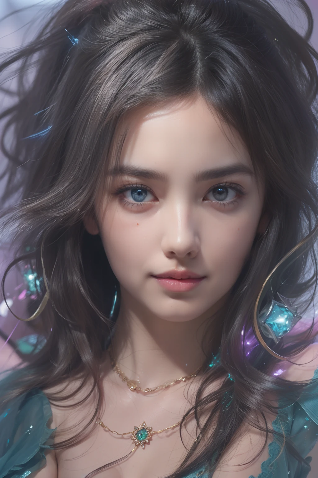 From Side, Photorealistic, Official art, Unity 8k wallpapr, 8K Portrait, Best Quality, Very high resolution, (Incredibly beautiful nature background:1.6), One girl, One beautiful teenage italian girl, sixteen years old, Obscene, (Sexy and glamorous:1.1), (A coquettish expression:1.6), (small breasts with raised pink areolas,:1.6), Vulgarity, (seductively smiling:1.2), (full body1.0), (erotic posing:1.5), (Magic Attack Pose:1.6),(magical effects like sparkles or energy:1.5), (Electric shock from hands:1.1), (Detailed blue bodysuit with beautiful fractal or marble design:1.5), (Beautiful and d delicate ruby, topaz, emerald and sapphire jewelry:1.45),  Beautiful seductive face, Portrait, (Thick eyebrows:1.2), (Big purple eyes:1.2), Beautiful eyes with fine symmetry, (Ultra detailed eyes:1.4), (High resolution eyes:1.1), Intimate face, (ultra detailed skin texture:1.4), White skin, pale skin, Perfect Anatomy, Thin, (Beautiful toned body:1.1), Hair Bow, (Moist skin:1.1), full of sweat, No makeup, dark circles, Good anatomy, Focus Face, goodlooking, (Emilia Clark:0.6)  (Emma watson:0.3),(Jennifer Connelly:0.4), (sensual face:1.5), Elegant face, Nice, Dolce, Cyberpunk Sci-Fi, (Gauntlets with intricate and beautiful designs:1.2), Blurred background, Blurred foreground, depth of fields, (Motion Blur:1.1), Complex and colorful biomechanical bodysuit, Zentangle, mandalas, Entangled,  (Small breasts:1.2), Sheer breast, (Beautiful :1.2), (NSFW:1.2), large hips, drivel,  Juice stain, grabbing on breasts