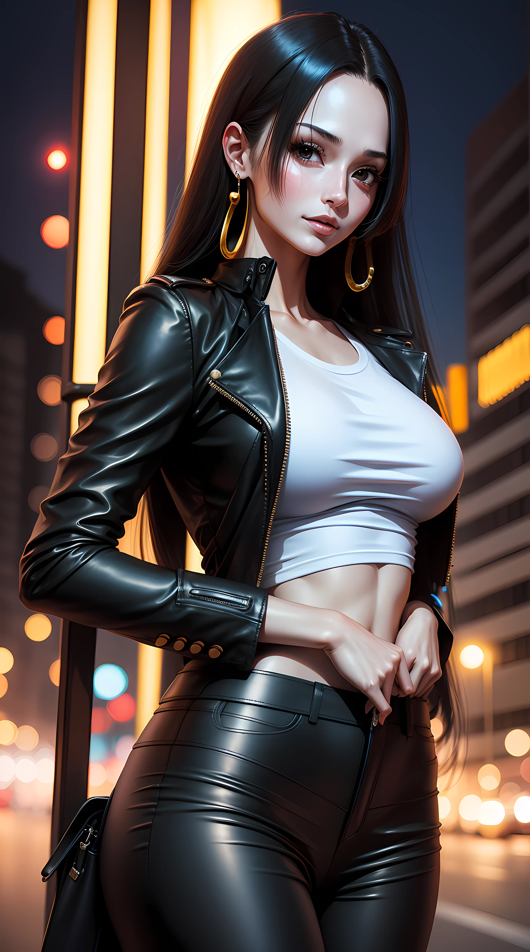 hancock1, boa hancock, from anmie one piece, long hair, black hair, bangs, beautiful, beautiful woman, perfect body, perfect breasts, wearing a white t-shirt, black leather jacket long black pants, cilak, jewelry, on the road, roadside, at night, night, looking at the viewer, a slight smile, realism, masterpiece, textured leather, super detail, high detail, high quality, best quality, 1080p, 16k