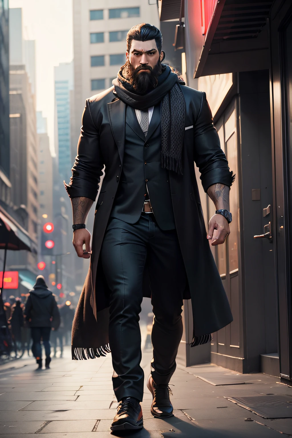 man, black hair, big strong, beard, black clothes, scarf in the face, in a cyberpunk city, looking at the camera, full body