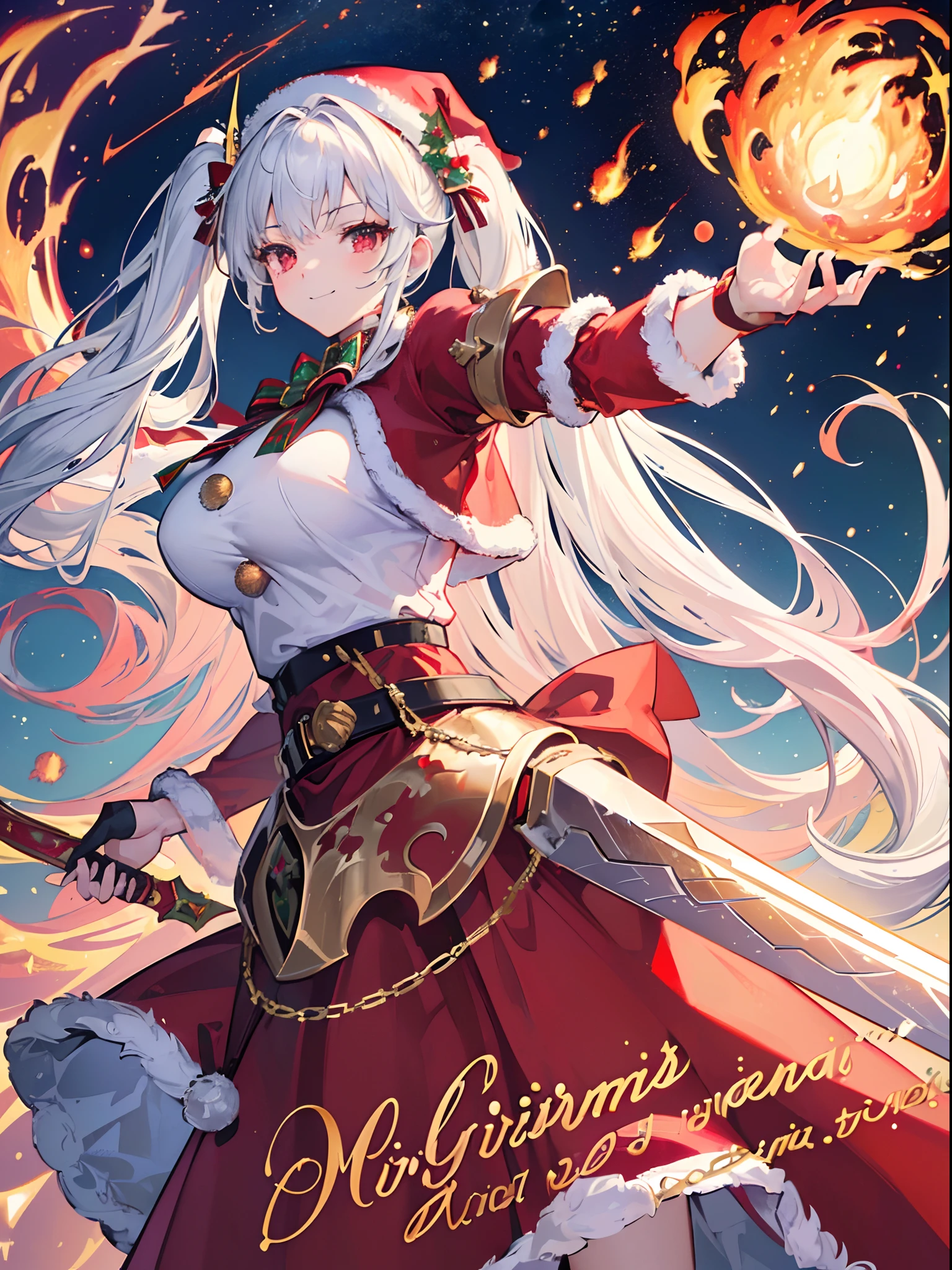 (Best Quality, masterpiece:1.3), Illustrations, Anime, Very high resolution, large filesize, full color, Beautiful detailed glow, Front light, 1girl, Solo, Christmas, (santa hat), ((Santa costume|Knight armor:1.3)), (gigantic swords:1.2), Christmas Decorations, Smiling, White hair, Red Eyes, (Twintails), (Angel wings), Dynamic Angle, (Fire effects:1.4), Fighting,