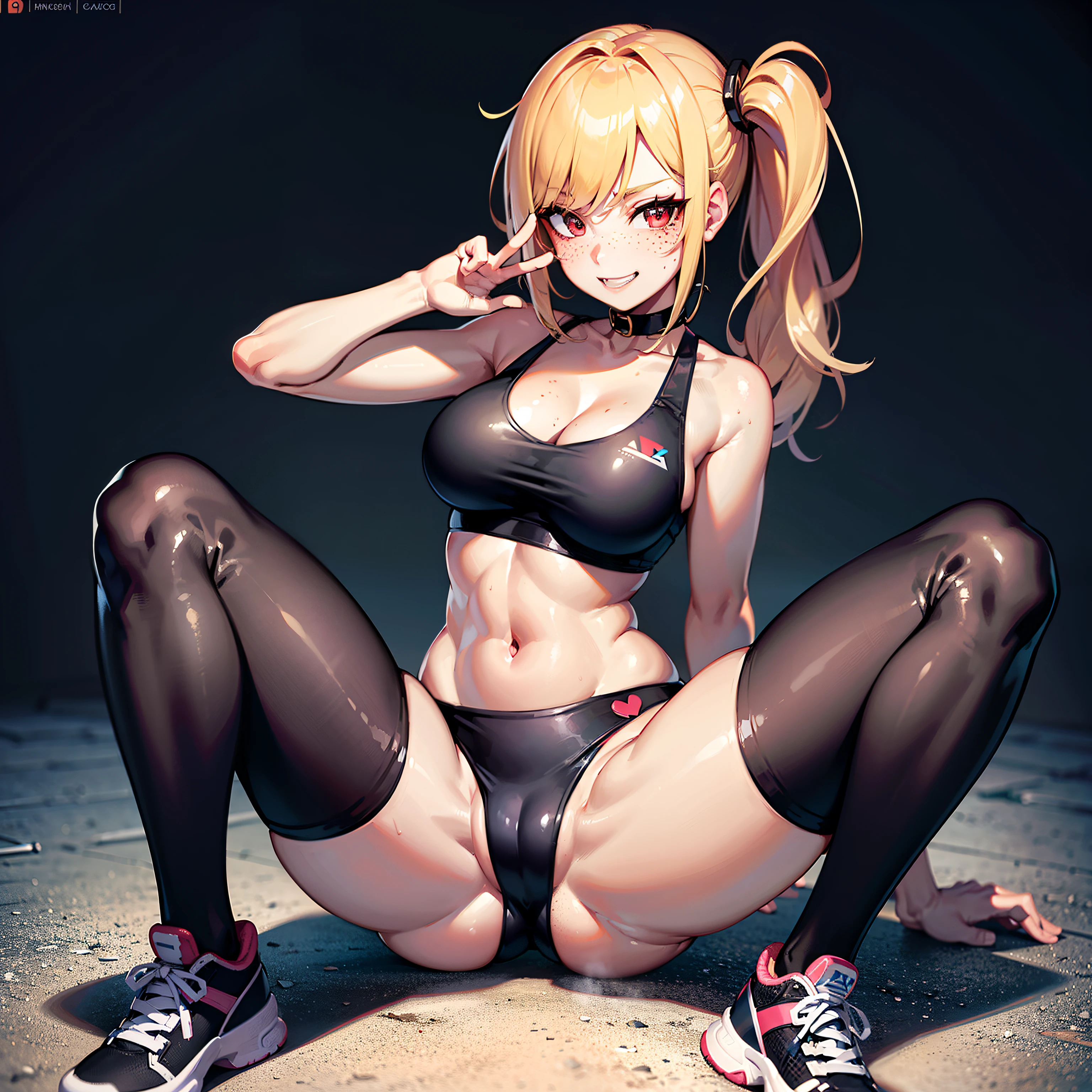 Anime girl, solo, anatomically correct, blonde one side ponytail, beautiful red eyes, freckles, choker, large breasts, black sports bra, revealing cleavage, small waist, wide hips, black tights, black sports shoes, posing, sexy pose, showcasing her body to the viewer, excited expression, happy expression, smirk, gym background, 8k, best quality