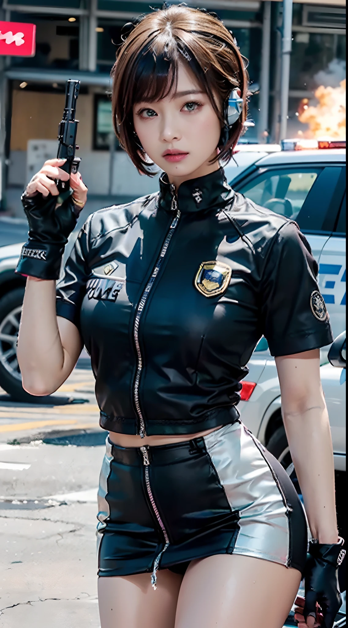 (Top Quality, Ultra High Definition, Photorealistic:1.4), (cowboy shot:1), 1 Beautiful Girl, (Kpop Idol), Detailed Face, (Hair Style: Pink:1, fullbang, shortbob-style:1), Contrapposto, Perfect Anatomy, Smooth Skin, Professional Lighting, ((wearing Futuristic Police Racing Suits, low-mini-skirt, police wappen, High-tech Headset, military gun-holder, racing gloves, machinegun)), (Cloths colors based on silver pink black white), (background, crashed cars, fire, (Explosion)),