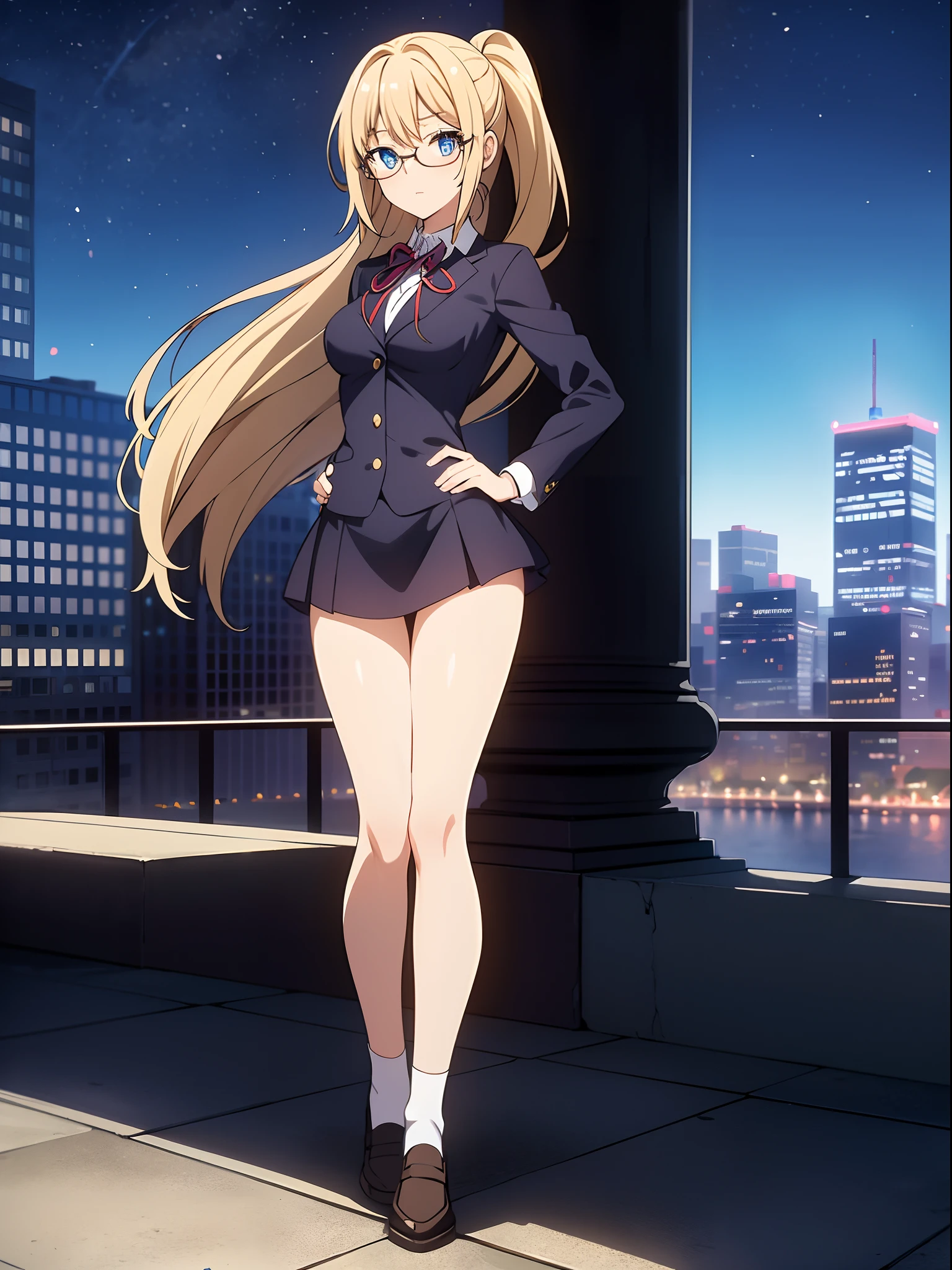 masterpiece, best quality, highres, 1girl, solo, high school uniform, bare legs, looking at viewer, light particles, city backdrop, perfect hands, perfect eyes, perfect legs, perfect arms, perfect fingers, blonde hair, blue eyes, medium breasts, long hair, standing, hands on hip, closed fists, hair down, glasses, ponytail, matching socks, full body