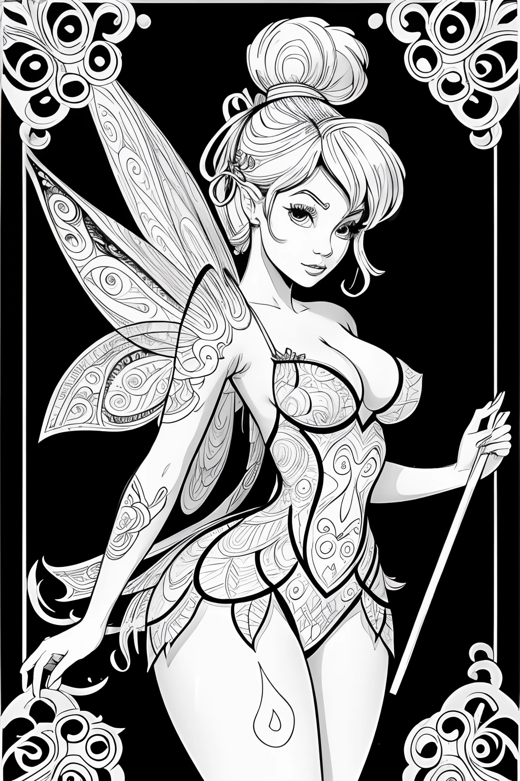 A printable black and white adult coloring page featuring a sexy fairy, clean line art