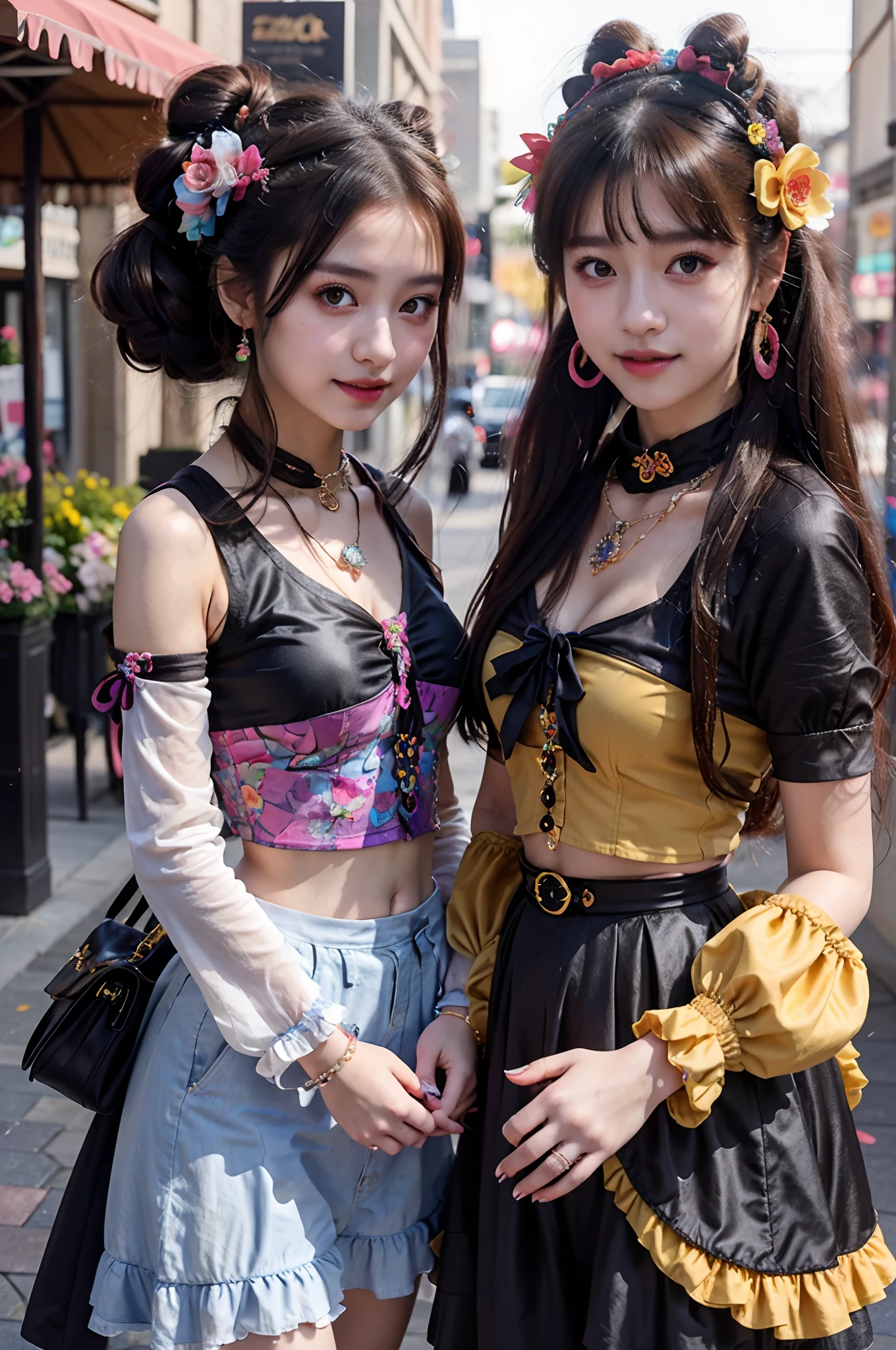 Best quality, Masterpiece, Extremely detailed, high resolution, 4K, 超高分辨率, Detailed shadows, Perfect light and shadow,duo, Two girls in fashionable clothes take selfies on the street, colorful pigtail, anime cosplaying, Anime style mixed with Fujifilm, Cute, big laughter, , Sexy,(Alebriès Art Style),PureErosFace_V1,Urzang-6500-V1 version.1,fantasyoutfit,The princess's eyes were round,Dream necklace,Fantastic ribbons,Dream rings,Fantastic jewelry,Fantastic hair accessory,Dream belt,Studio light,