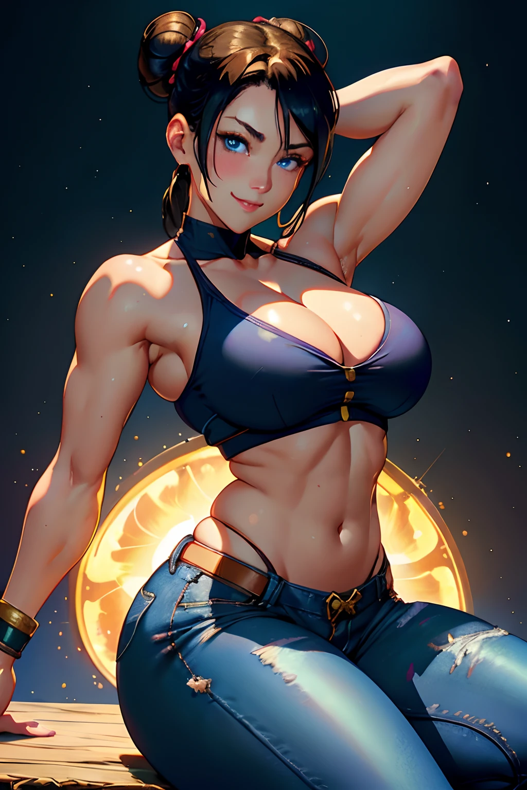 Chun Li (smiling) Street Fighter wearing ripped lowrider jeans and a crop top, art by Artgerm, anime half-body portrait of a model ((HH-size breasts, very Thick thighs, athletic build, feminine form, lythe body, black hair, twin buns, 20 years old, youthful face, cleavage)) wearing a crop top, wearing ripped lowrider jeans, cheerful smile, 4k, beautiful woman with soft blue eyes, key light reflected in the eyes, doing a split for the camera, painted background, studio portrait, soft light, bezel lighting, shimmer in the eyes, bokeh background, picturesque, 8K, HDR, RGB, Ultra-HD