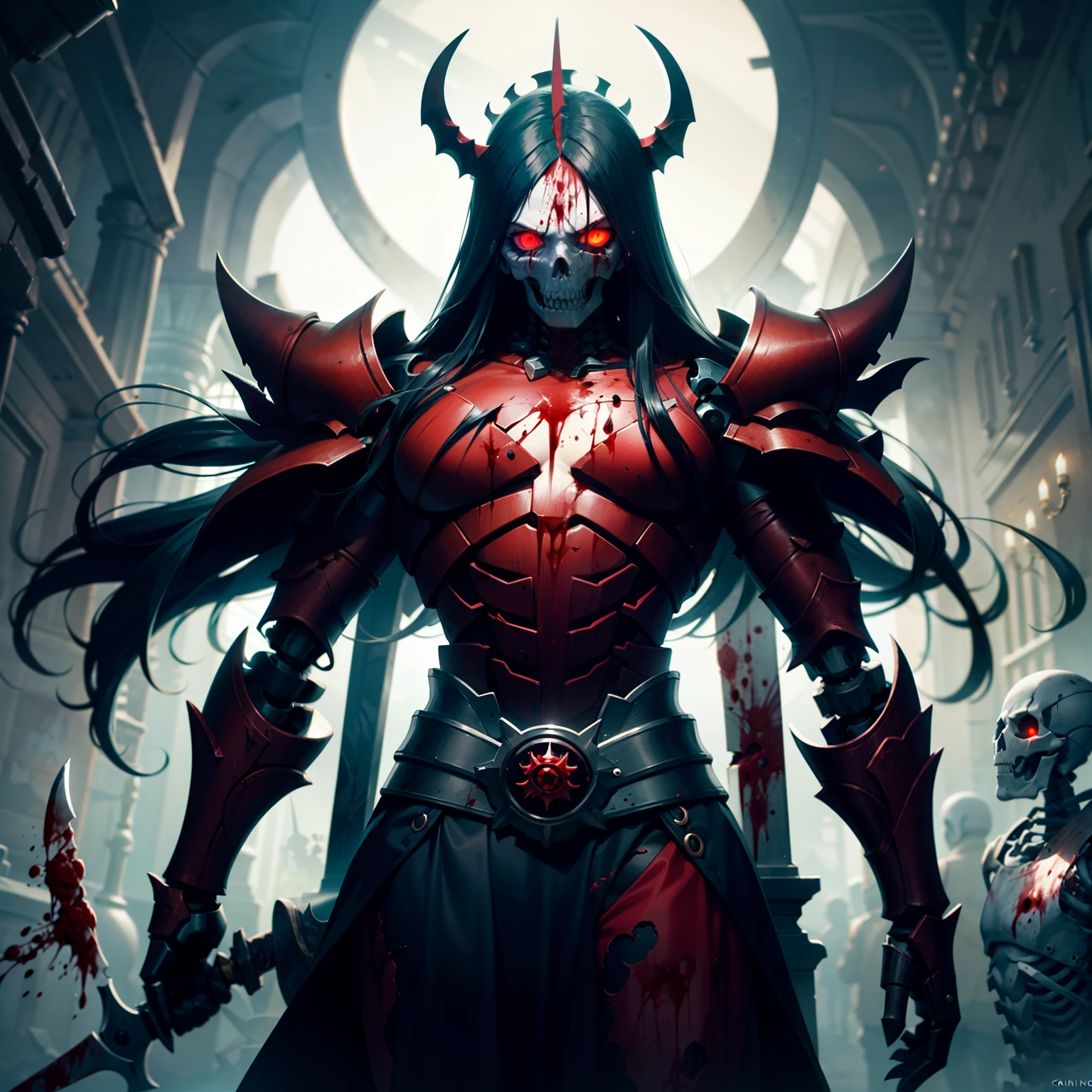 (Very detailed 8k wallpapers),(Be covered in blood),Crown wearing(undead mage),(Kamen Demon) (Hyper-detailing),Red eyes,(Leathercoat),(Mechanical skeleton)sense of strength,Mechanical details:1.2,Carry a long knife,antagonism,Domineering,The dark world,Dark series