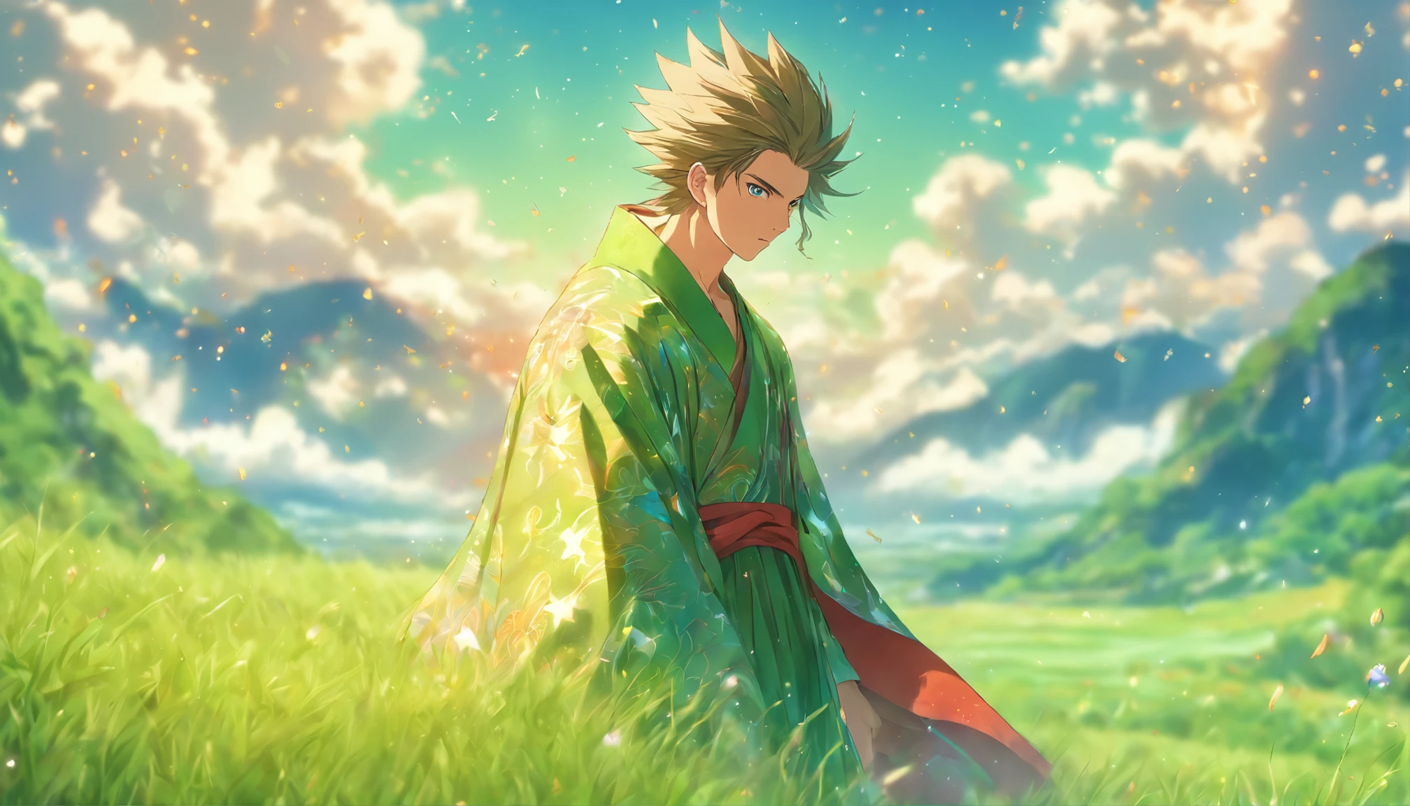 A young man wearing a magnificent robe, standing on a vast grassland with green mountains and blue sky. His face shows a hint of confusion, and his eyes reveal the fading memories of the past. ,in the style of the stars art group xing xing, 35k, best quality, masterpiece, super detail, high details