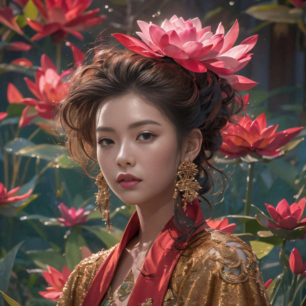 32K(tmasterpiece,k hd,hyper HD,32K)curlies,Flowing rouge,ponds,zydink, a color, Liaoning people (Silly girl), (Silk scarf), Combat posture, looking at the ground, Flowing rouge curls,Green emerald headdress, Chinese long-sleeved pink gold garment, (abstract ink splash:1.2), Pink lotus background,Water lily flower protector(realisticlying:1.4),Rouge hair,Autumn is in full swing,The background is pure, A high resolution, the detail, RAW photogr, Sharp Re, Nikon D850 Film Stock Photo by Jefferies Lee 4 Kodak Portra 400 Camera F1.6 shots, Rich colors, ultra-realistic vivid textures, Dramatic lighting, Unreal Engine Art Station Trend, cinestir 800,Large curls,Flowing rouge
