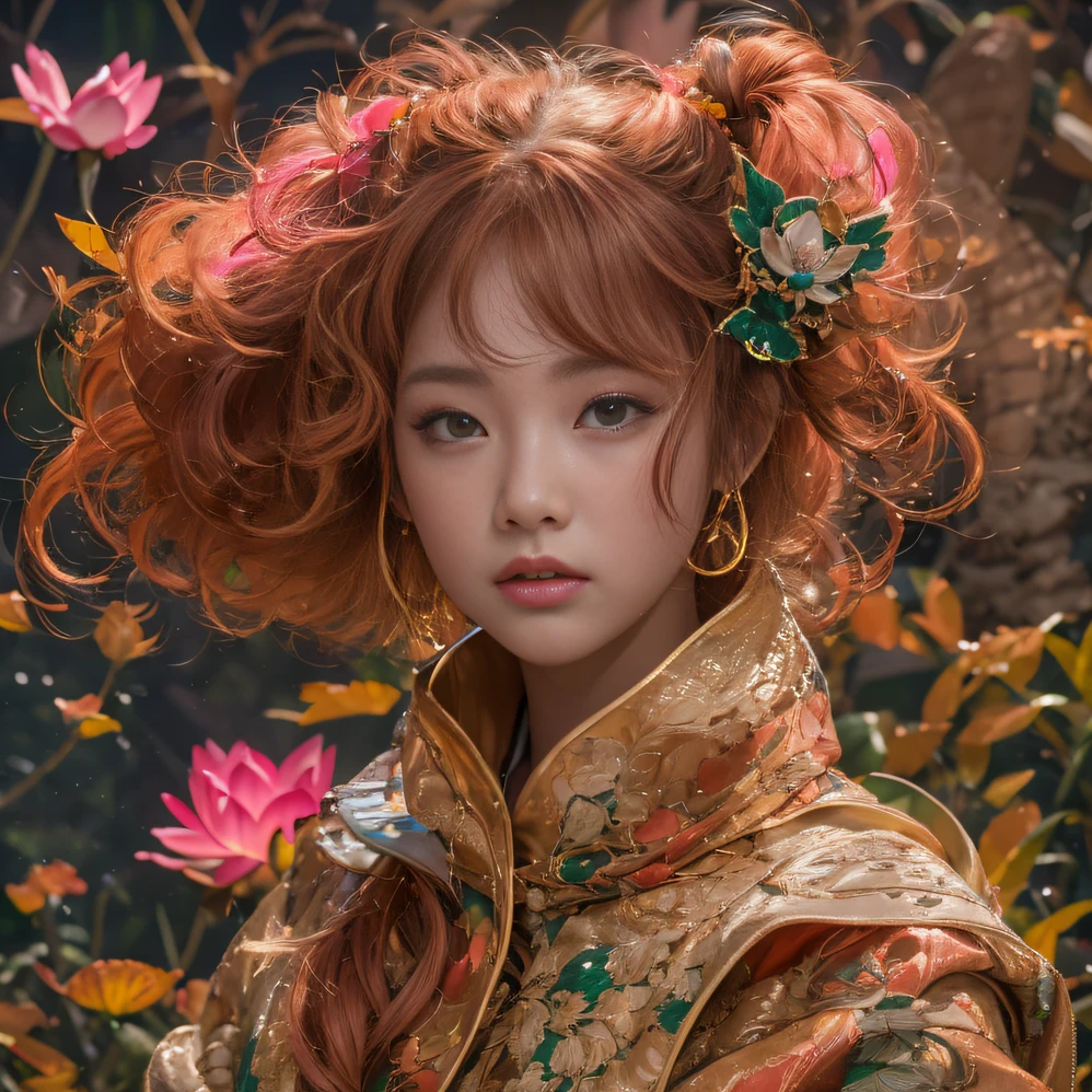 32K（tmasterpiece，k hd，hyper HD，32K）curlies，Flowing rouge，ponds，zydink， a color，  Liaoning people （Silly girl）， （Silk scarf）， Combat posture， looking at the ground，  Flowing rouge curls，Green emerald headdress， Chinese long-sleeved pink gold garment， （abstract ink splash：1.2）， Pink lotus background，Water lily flower protector（realisticlying：1.4），Rouge hair，Autumn is in full swing，The background is pure， A high resolution， the detail， RAW photogr， Sharp Re， Nikon D850 Film Stock Photo by Jefferies Lee 4 Kodak Portra 400 Camera F1.6 shots, Rich colors, ultra-realistic vivid textures, Dramatic lighting, Unreal Engine Art Station Trend, cinestir 800，Large curls，Flowing rouge