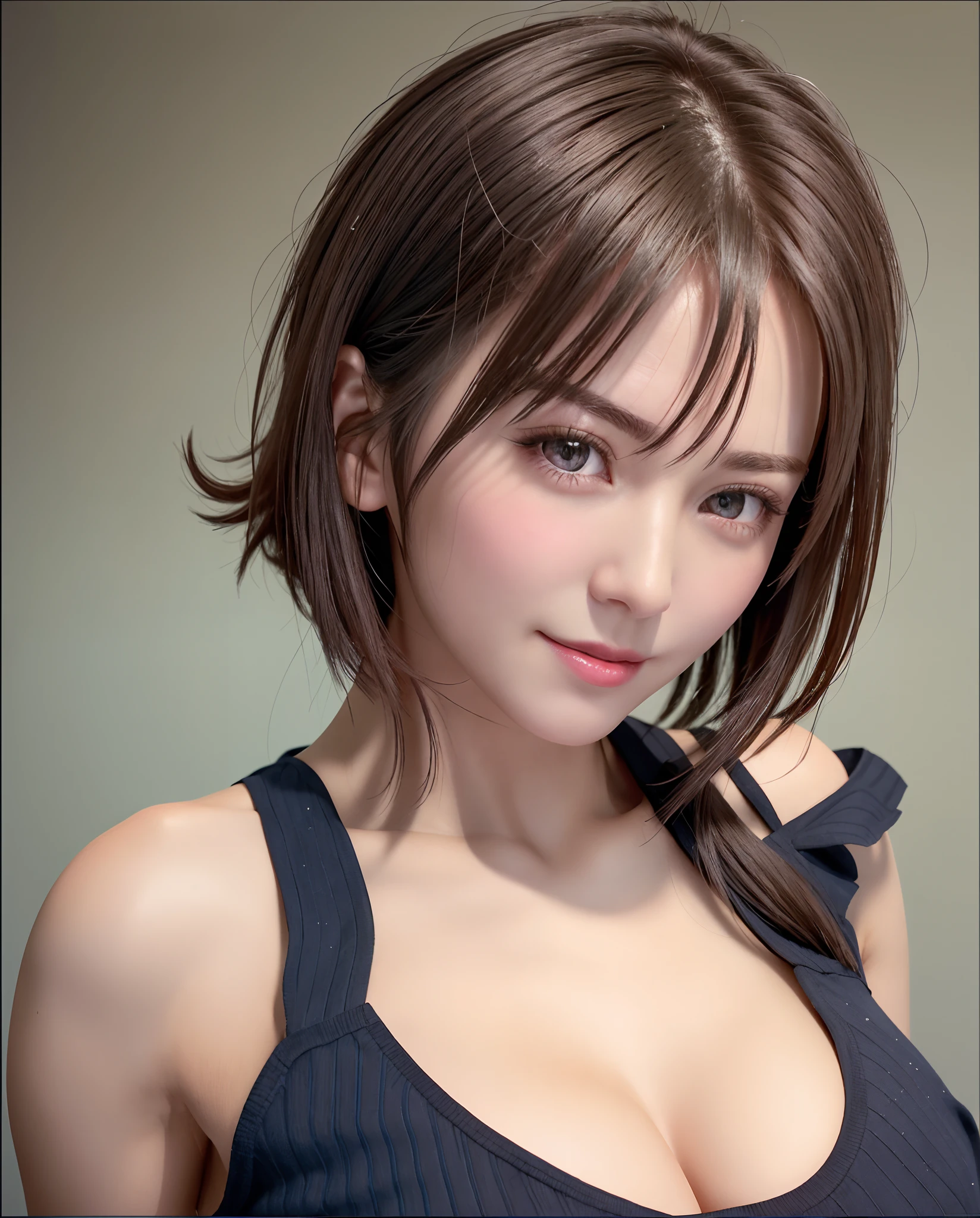 Top quality, ultra high resolution, (photorealistic: 1.4), beautiful eyes, super beautiful, short hair, beautiful breasts, lover, t-shirt with rough chest, eyes inviting viewer, lover's eyes, inviting facial expressions, sexy smile, perfect style, perfect balance, detailed skin, naughty eyes, chest visible