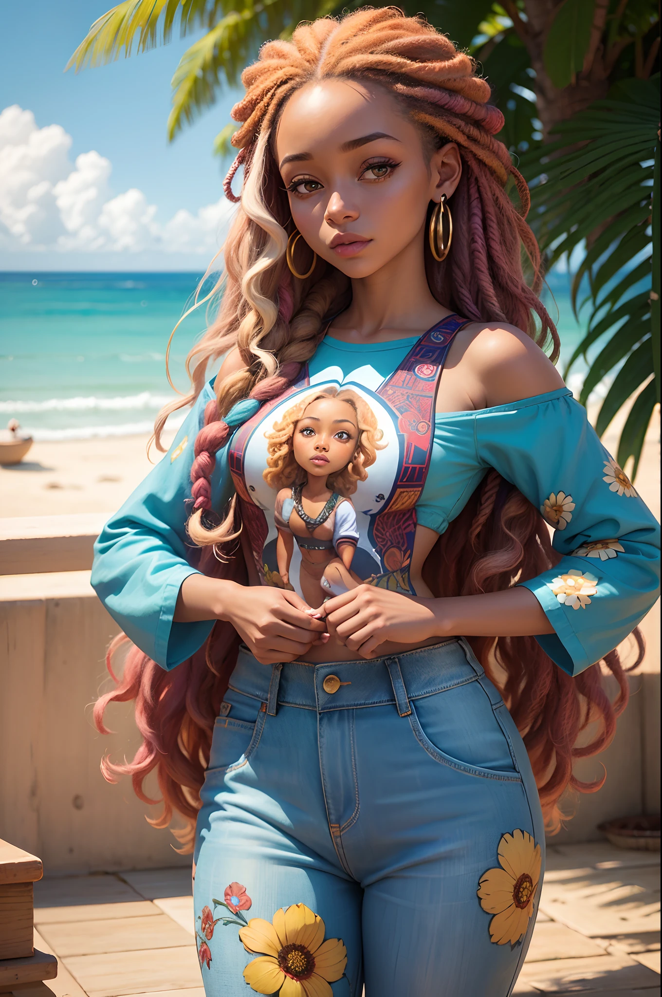 uma menina africana africana pele marrom escura:5, olhos verdes cintilantes:2, pose pra foto, estilo Rapunzel, Paris:5, quadra jogando, mega hair cabelos longos4, flores, imagem intrigante, cores vividas, vestido longo florido, sapatos brancos, imagem limpa, alta qualidade, nitidez, Sharp imagem, rosto de modelo, 8k, imagem profissional, iso100, lago, blue skies, moda atual, muito detalhado, altamente rosto 8k detalhado, formato de rosto perfeito, fleshy and perfect lips, nariz perfeito, olhos lindos e corretos, observador, vestido de noiva: 3,45, flores de cabelo, obra-prima, melhor qualidade, solteiro, jeans, sozinho, Advanced Digital Chibi