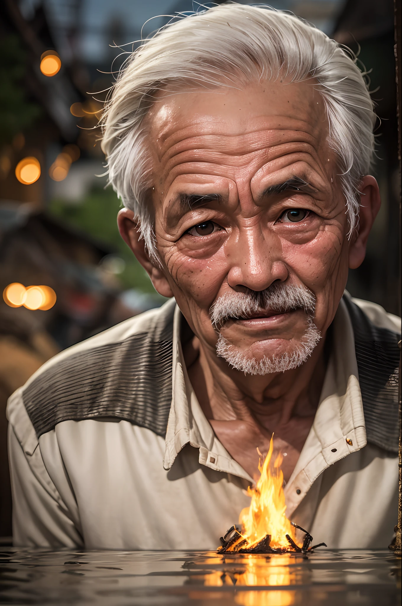 A close-up of a Vietnamese old man's face, illuminated by the light of a fire, with a backdrop of a dirty river and a shanty town. --auto --s2
