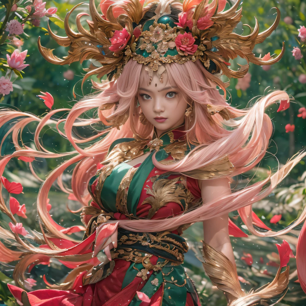 32K（tmasterpiece，k hd，hyper HD，32K）curlies，Flowing rouge，ponds，zydink， a color，  Liaoning people （Silly girl）， （Silk scarf）， Combat posture， looking at the ground，  Flowing rouge curls，Green emerald headdress， Chinese long-sleeved pink gold garment， （abstract ink splash：1.2）， Pink lotus background，Water lily flower protector（realisticlying：1.4），Rouge hair，Autumn is in full swing，The background is pure， A high resolution， the detail， RAW photogr， Sharp Re， Nikon D850 Film Stock Photo by Jefferies Lee 4 Kodak Portra 400 Camera F1.6 shots, Rich colors, ultra-realistic vivid textures, Dramatic lighting, Unreal Engine Art Station Trend, cinestir 800，Large curls，Flowing rouge