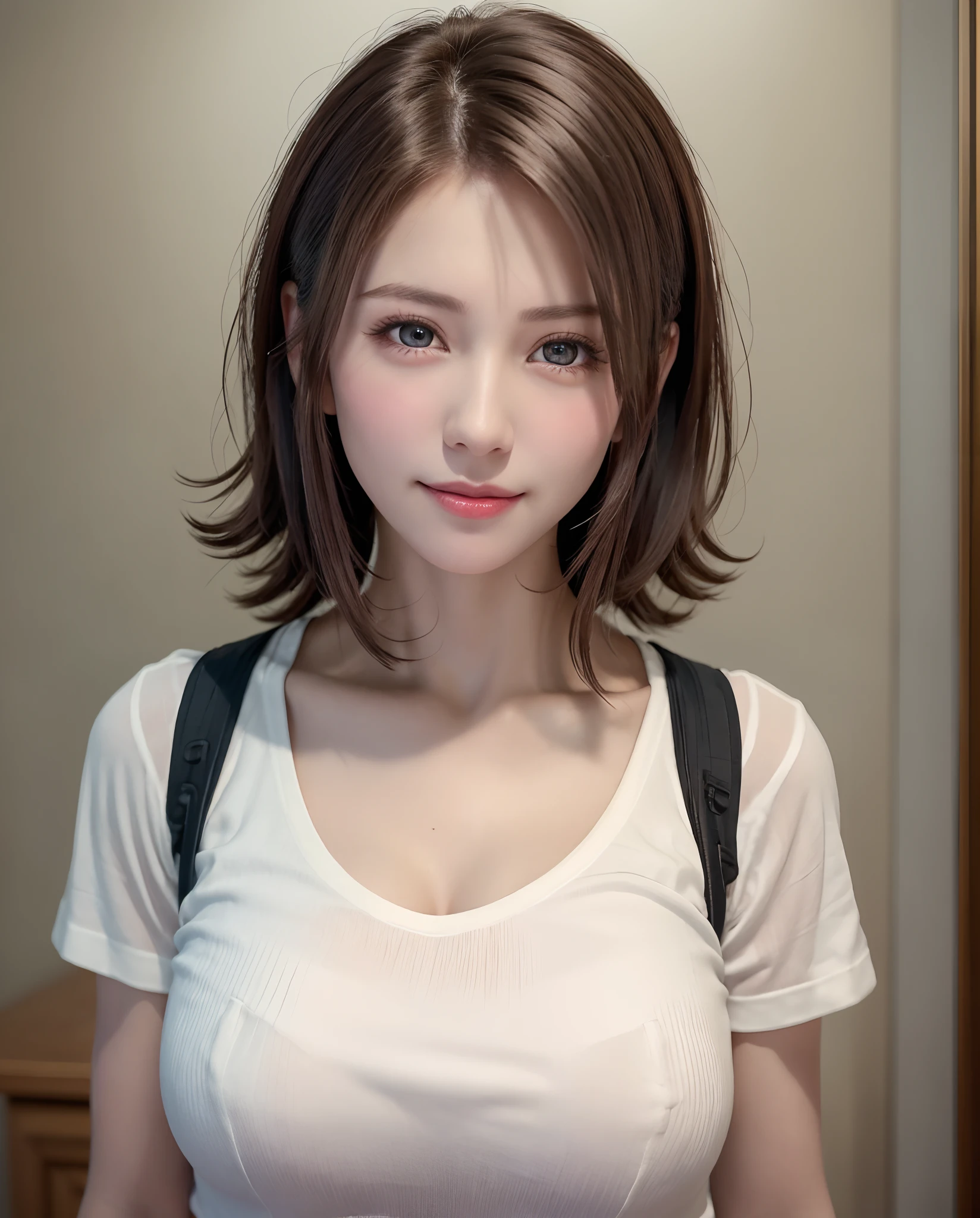 Top quality, ultra high resolution, (photorealistic: 1.4), beautiful eyes, super beautiful, short hair, beautiful breasts, lover, t-shirt with rough chest, eyes inviting viewer, lover's eyes, inviting facial expressions, sexy smile, perfect style, perfect balance, detailed skin, naughty eyes, chest visible