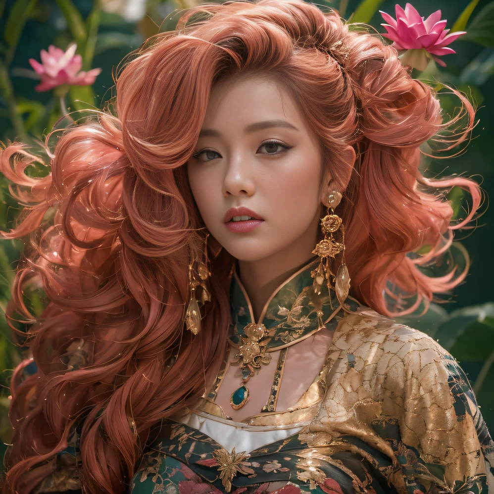32K(tmasterpiece,k hd,hyper HD,32K)curlies,Flowing rouge,ponds,zydink, a color, Liaoning people (Silly girl), (Silk scarf), Combat posture, looking at the ground, Flowing rouge curls,Green emerald headdress, Chinese long-sleeved pink gold garment, (abstract ink splash:1.2), Pink lotus background,Water lily flower protector(realisticlying:1.4),Rouge hair,Autumn is in full swing,The background is pure, A high resolution, the detail, RAW photogr, Sharp Re, Nikon D850 Film Stock Photo by Jefferies Lee 4 Kodak Portra 400 Camera F1.6 shots, Rich colors, ultra-realistic vivid textures, Dramatic lighting, Unreal Engine Art Station Trend, cinestir 800,Large curls,Flowing rouge