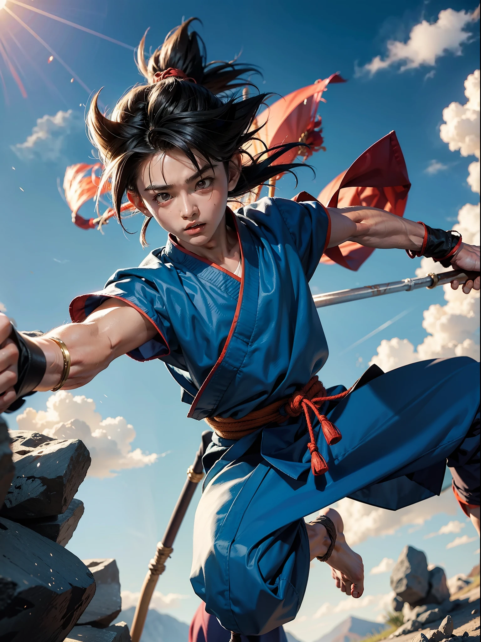 photorealistic  boy goku wielding bo staff, asian, bo staff, kung fu, asian, martial arts, daytime, blue sky, cinematic lighting, masterful composition