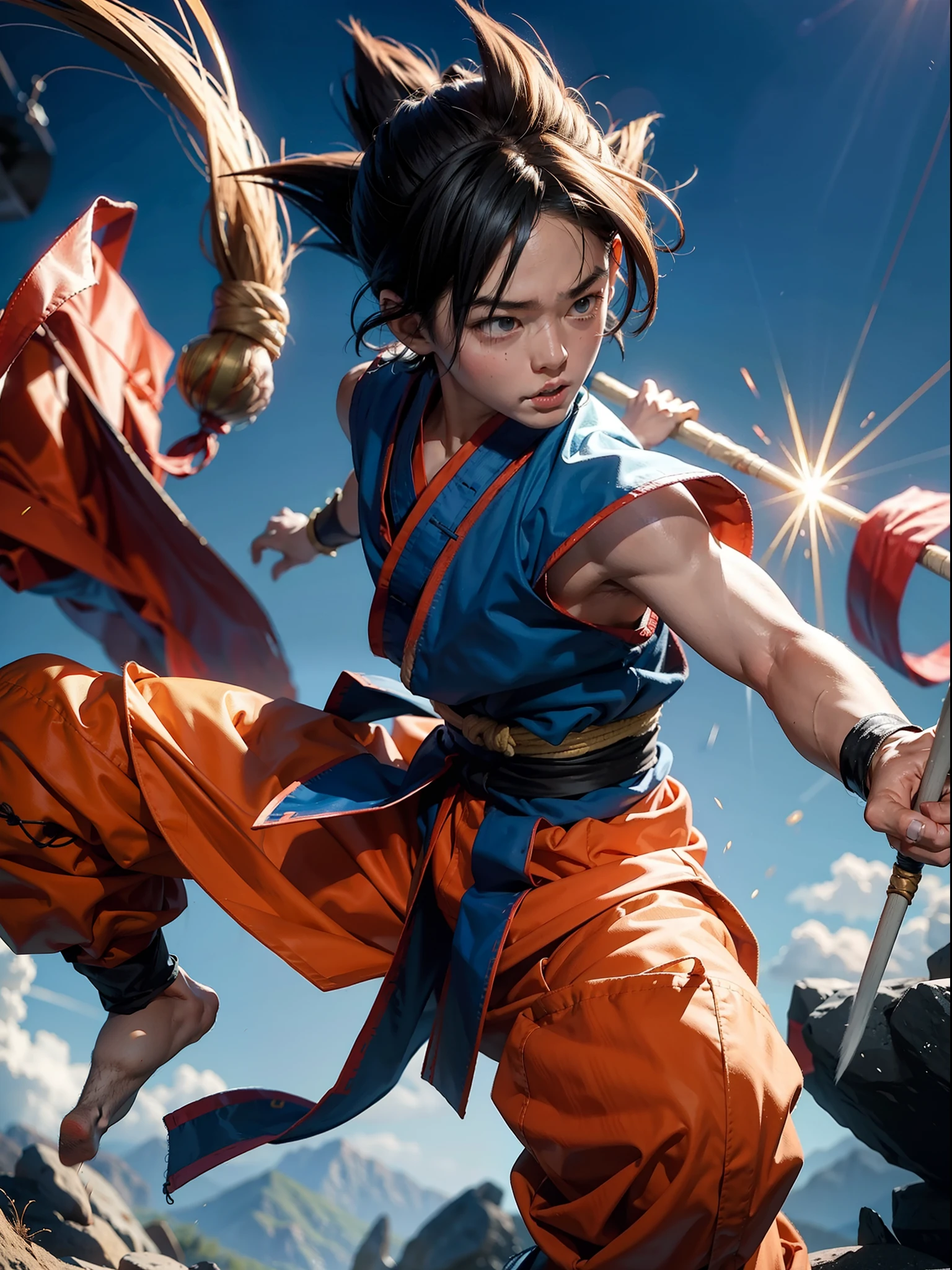 photorealistic boy goku wielding bo staff, asian, bo staff, kung fu, asian, martial arts, daytime, blue sky, cinematic lighting, masterful composition