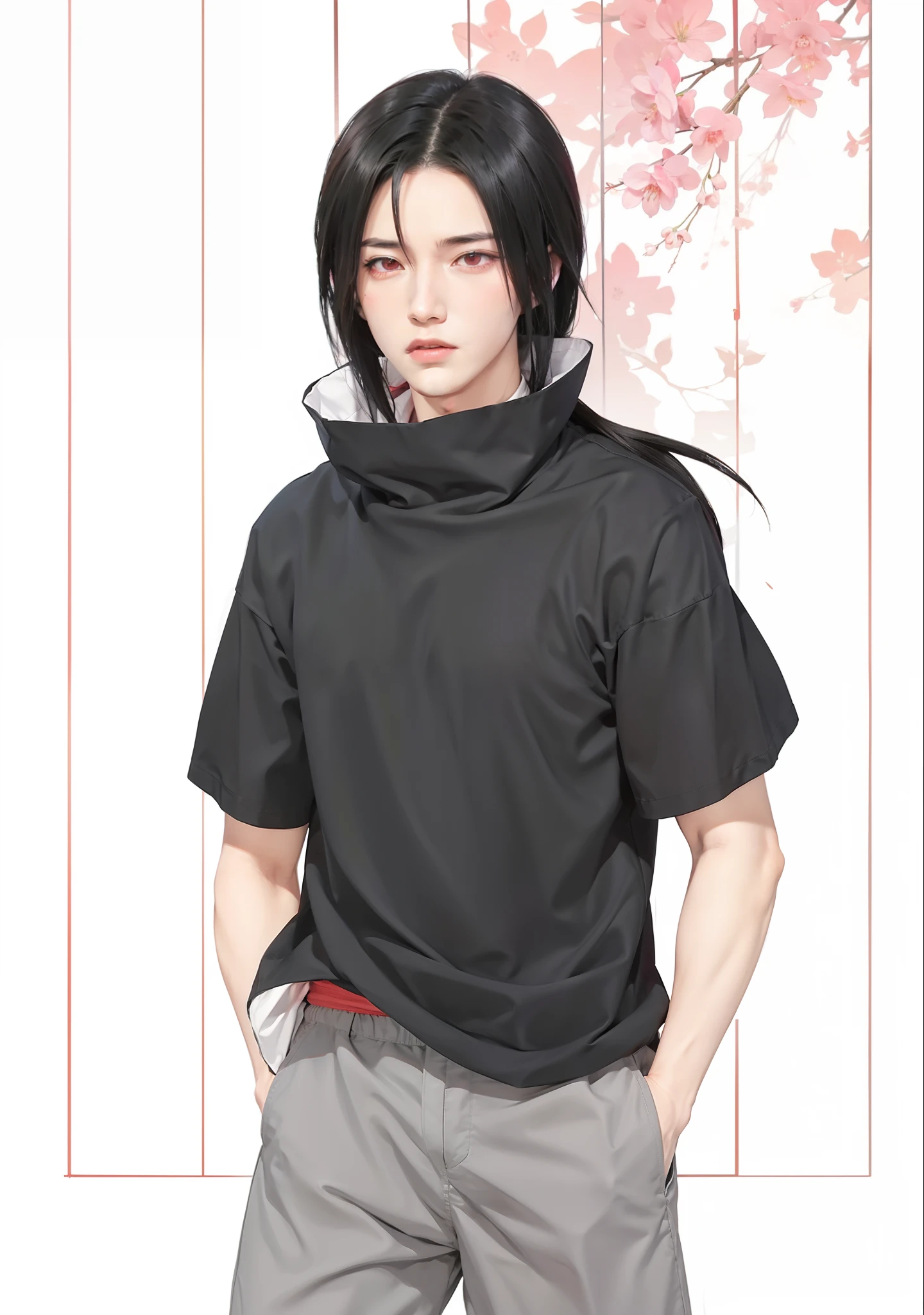 1man, uchiha itachi in anime naruto, long hair , black hair, red eyes, handsome, grey clothes, realistic clothes, detail clothes, outdoor background, ultra detail, realistic