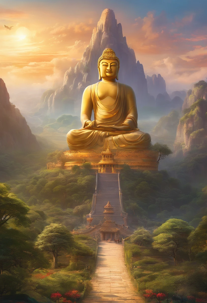 A huge stone Buddha statue stands on the hill,Pilgrims on the road,Light smile,China-style,In the distance, surrealism, stereograms, tachi-e, Atmospheric perspective, hyper photorealism, Cinematic lighting, god light, Super detail, ccurate, Best quality, Masterpiece, 16k, High details, A high resolution, Award-Awarded, Super detail, Anatomically correct
