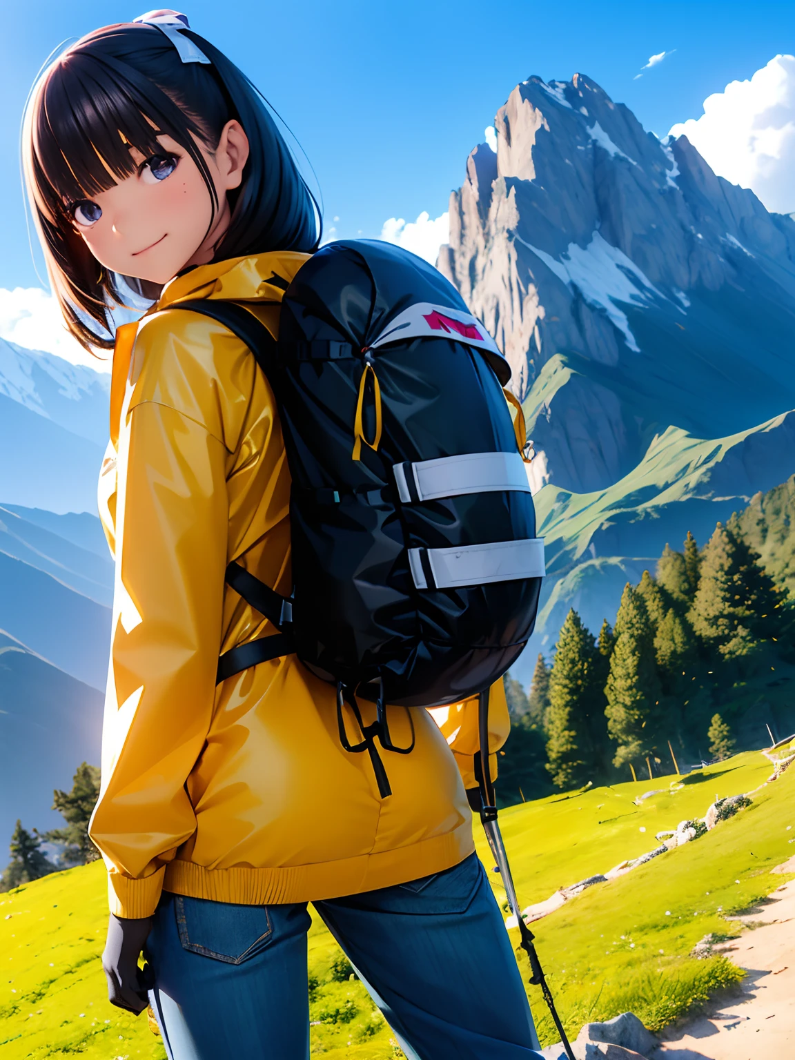 hight resolution,8K,Best Quality,detaileds,semi - realistic anime,Anime 3D Style,Smooth Anime CG,1 girl in,20 year old woman in Japan,slim,modeled,shiny chestnut hair,Medium Hair,Detailed face,Beautiful and detailed eyes,Glowing skin,Mountaineering Wear,((Fluorescent windbreaker)),((Long pants)),((Trekking Poles)),(Mountaineering backpack),(Hiking boots),A smile,mountain climbing,Superb view from the summit,autumnal,Blurry background