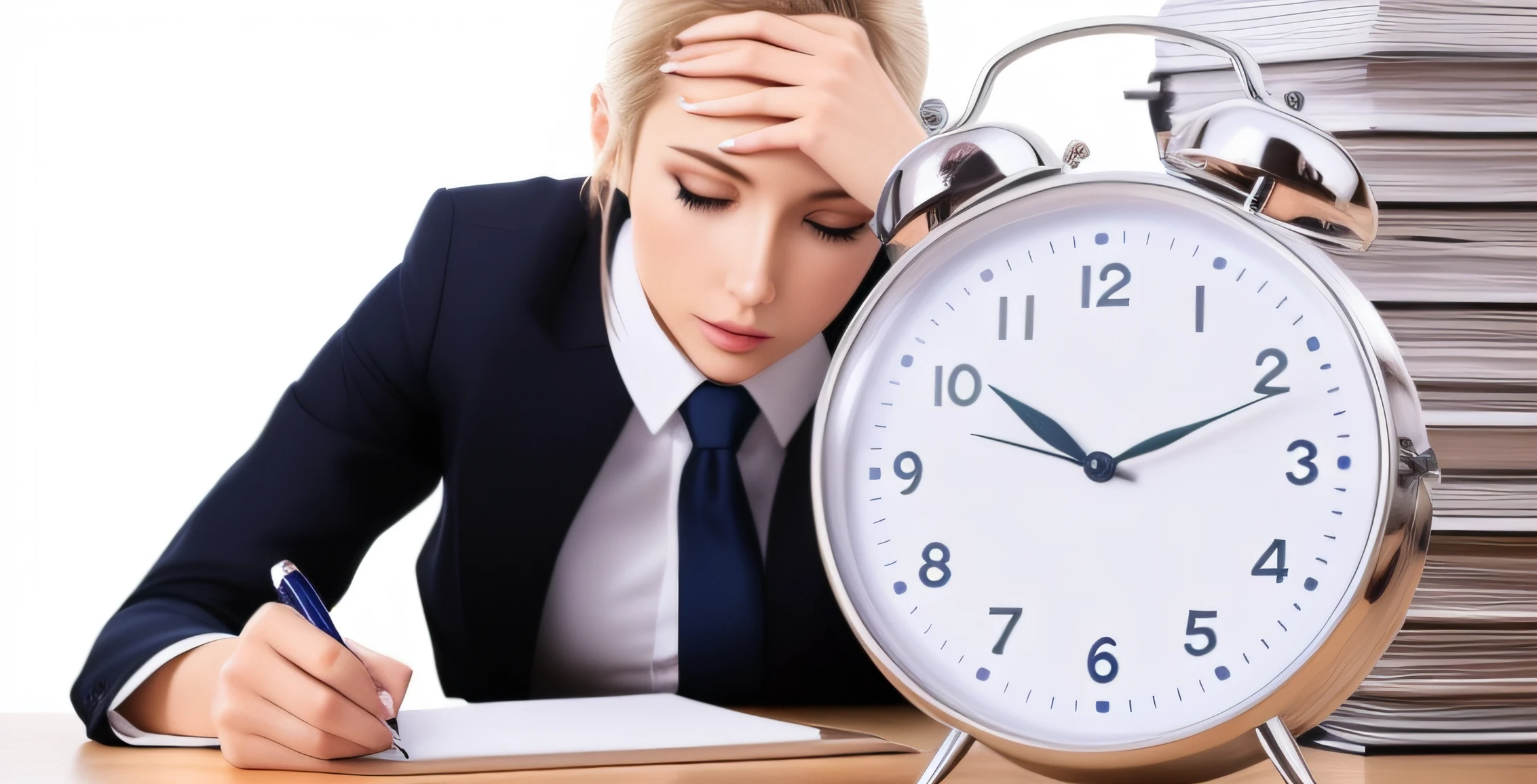 Woman in business suit sitting at table with watch and pen, mulher muito cansada, o tempo se arrastando por muito tempo, time is running out, time consumes us all, sua hora finalmente chegou, memory trapped in eternal time, clocks, imagem impressionante, watch, sua hora finalmente chegou, time does not exist anymore, morning hour