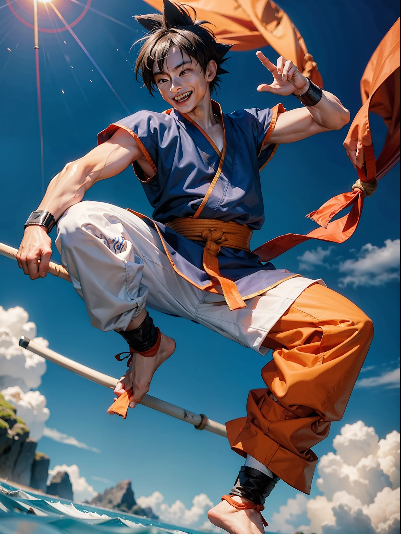??? boy goku smiling, bo staff, kung fu, asian, martial arts