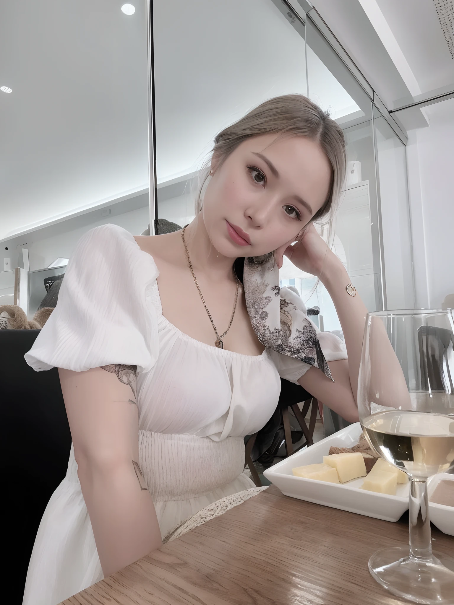 there is a woman sitting at a table with a plate of food and a glass of wine, gorgeous lady, angelawhite, sie boob, in white clothes, wearing white dress, profile pic, very very low quality picture, taken in 2 0 2 0, lovely woman, mai anh tran, dang my linh, cl, #oc, low quality photo