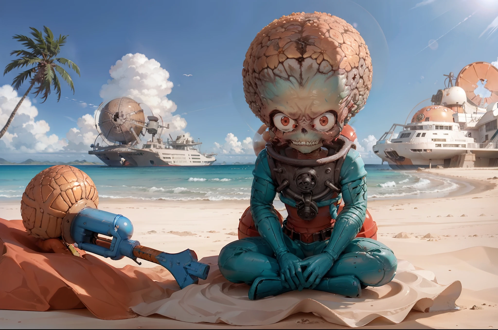 A castaway Martian of Mars attacks in an isolated Caribbean island, sitting on the sand looking at the sea,behind him a crushed flying saucer semi covered by sand, sunny day, blue sky with some clouds.