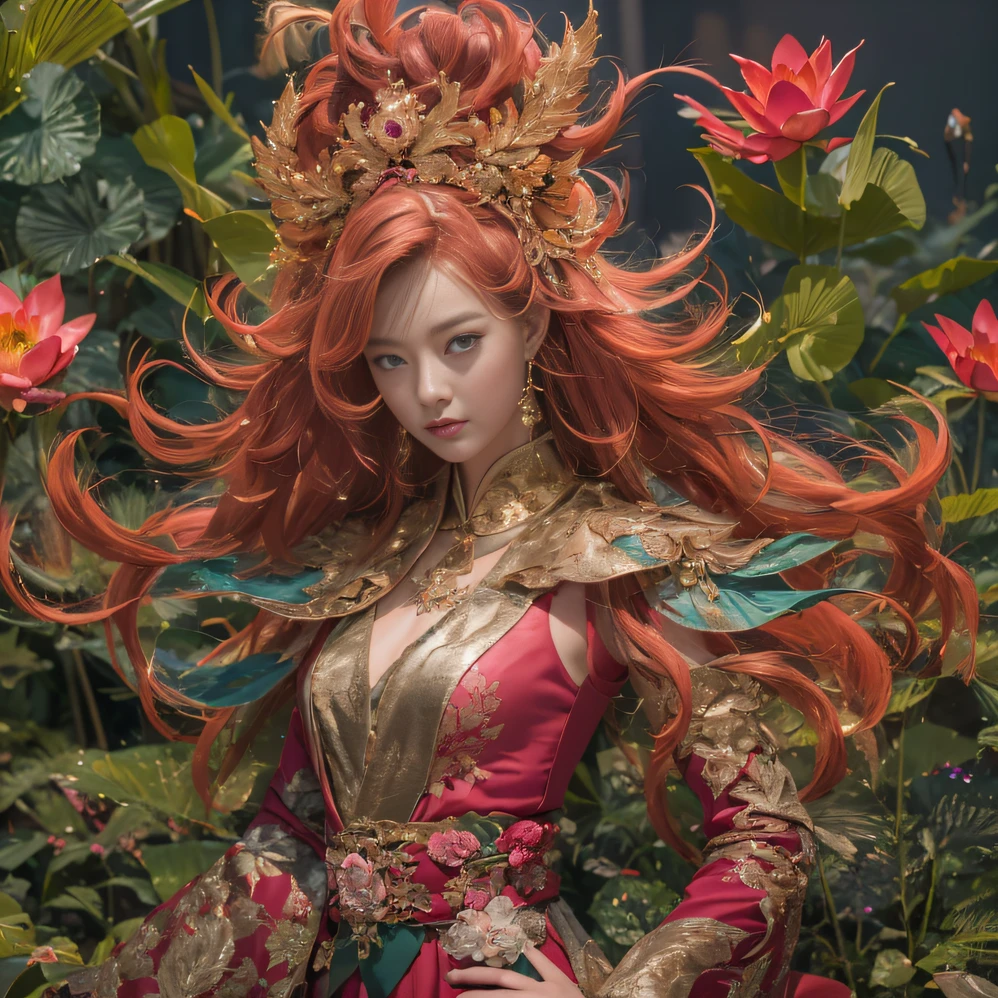 32K(tmasterpiece,k hd,hyper HD,32K)curlies,Flowing rouge,ponds,zydink, a color, Liaoning people (Silly girl), (Silk scarf), Combat posture, looking at the ground, Flowing rouge curls,Green emerald headdress, Chinese long-sleeved pink gold garment, (abstract ink splash:1.2), Pink lotus background,Water lily flower protector(realisticlying:1.4),Rouge hair,Autumn is in full swing,The background is pure, A high resolution, the detail, RAW photogr, Sharp Re, Nikon D850 Film Stock Photo by Jefferies Lee 4 Kodak Portra 400 Camera F1.6 shots, Rich colors, ultra-realistic vivid textures, Dramatic lighting, Unreal Engine Art Station Trend, cinestir 800,Large curls,Flowing rouge