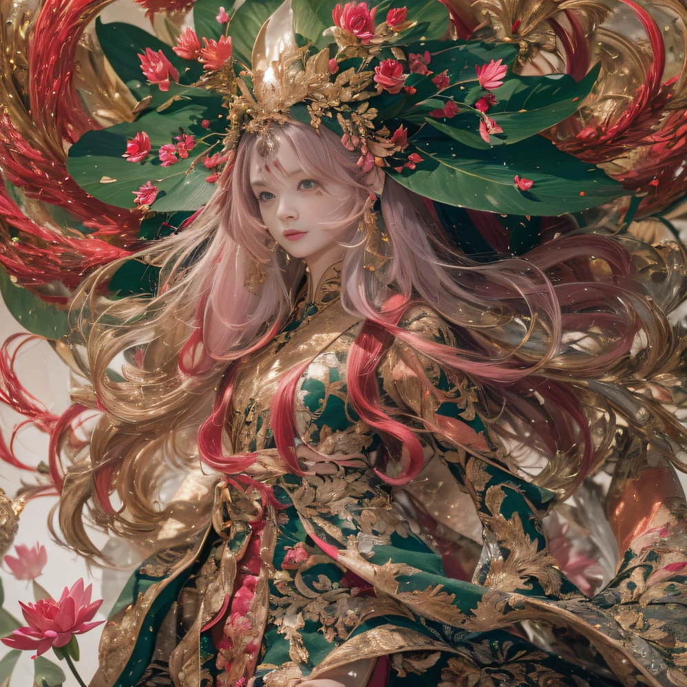 32K(tmasterpiece,k hd,hyper HD,32K)curlies,Flowing rouge,ponds,zydink, a color, Liaoning people (Silly girl), (Silk scarf), Combat posture, looking at the ground, Flowing rouge curls,Green emerald headdress, Chinese long-sleeved pink gold garment, (abstract ink splash:1.2), Pink lotus background,Water lily flower protector(realisticlying:1.4),Rouge hair,Autumn is in full swing,The background is pure, A high resolution, the detail, RAW photogr, Sharp Re, Nikon D850 Film Stock Photo by Jefferies Lee 4 Kodak Portra 400 Camera F1.6 shots, Rich colors, ultra-realistic vivid textures, Dramatic lighting, Unreal Engine Art Station Trend, cinestir 800,Large curls,Flowing rouge