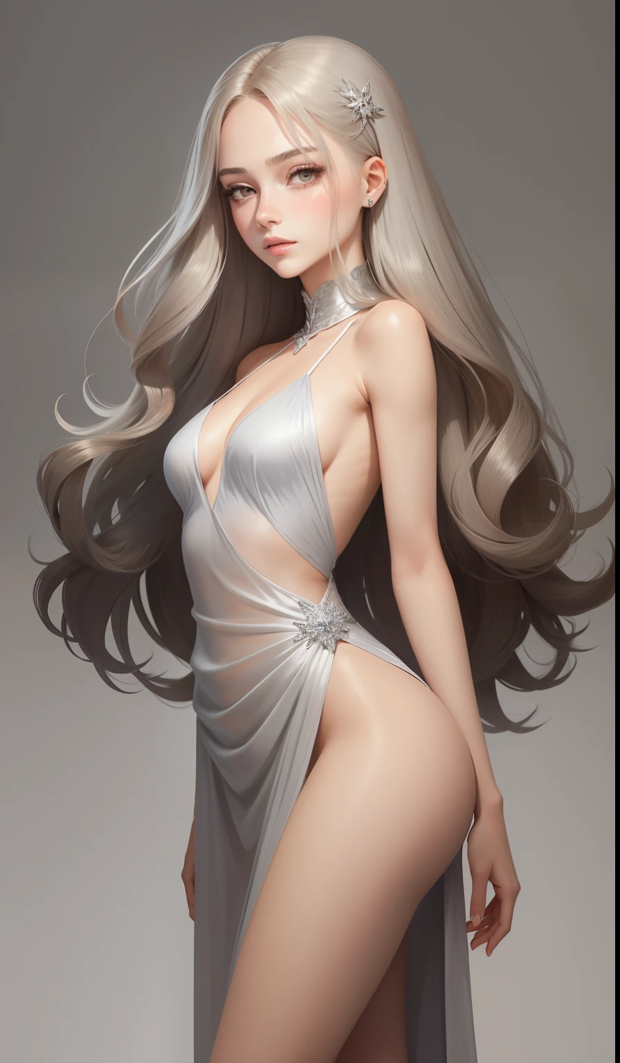 a woman in a long silver solid draped spaghetti dress, silver high heels, diamond hair piece, , shoulder length slightly wavy hair, ((ashy brown hair)) and gleaming detailed vibrant grey eyes, slim frame, medium breasts, long legs, beautiful face, small butt size, small feet size, small hand size, perfect hands, scary face, beautiful face, pretty face, hot woman, British woman, cream skin, small soft pink lips , medium breast size, slim figure, standing pose, soft features