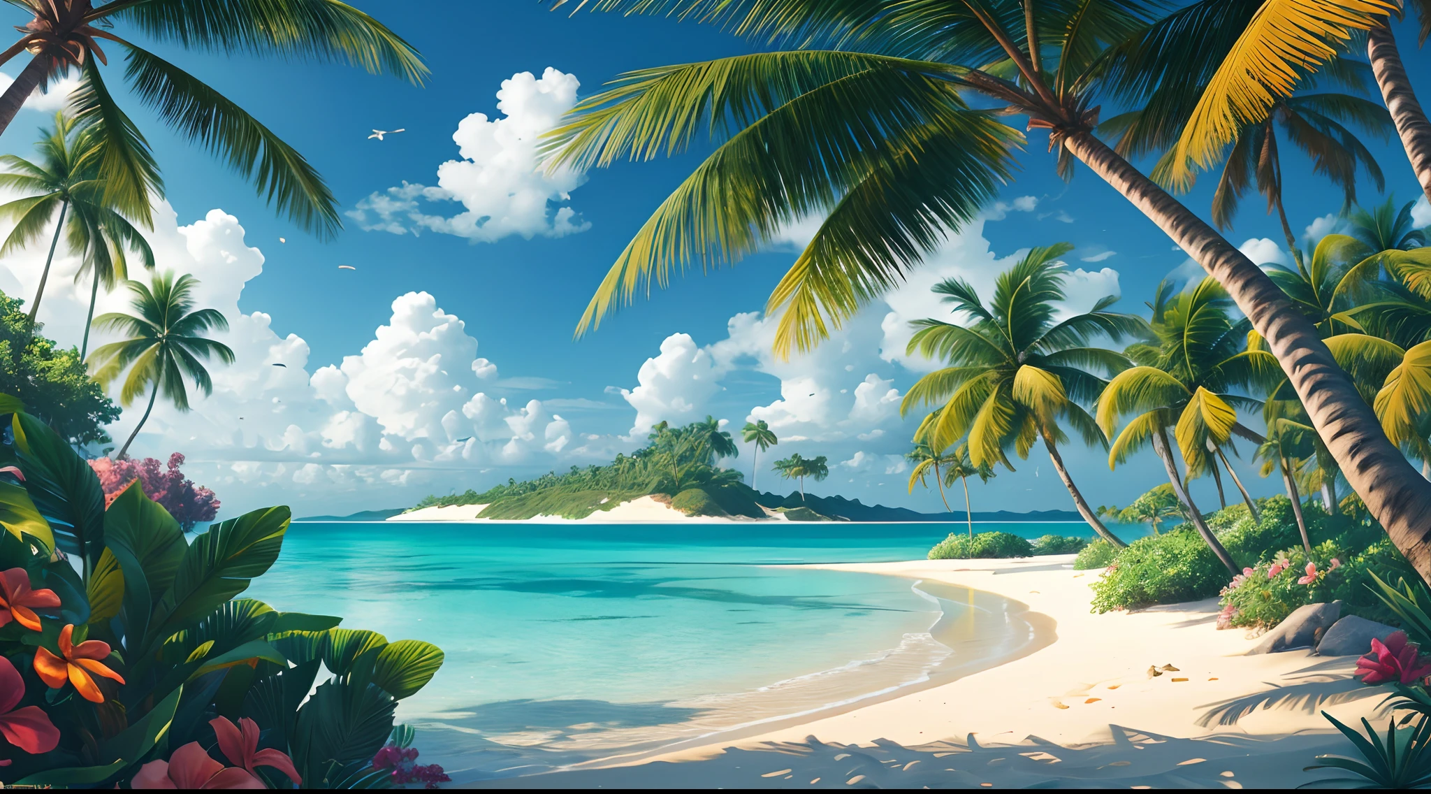 a pristine beach on a desert island, calm clear waters, lush vegetation,. flowers, tropical plants, birds, animals, rainbow, bokeh, raytracing, particle effects, depth of field