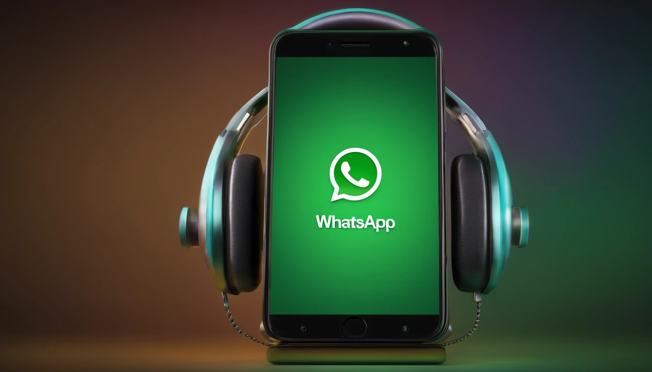 logo whatsapp em 3d, alta resolução, Music note effects behind WhatsApp's 3D logo, Man holding cell phone and sending audio on whatsapp, cabelo louro, alta resolução, cores vibrantes.