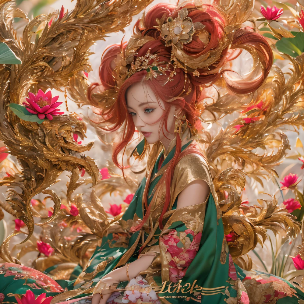 32K(tmasterpiece,k hd,hyper HD,32K)curlies,Flowing rouge,ponds,zydink, a color, Liaoning people (Silly girl), (Silk scarf), Combat posture, looking at the ground, Flowing rouge curls,Green emerald headdress, Chinese long-sleeved pink gold garment, (abstract ink splash:1.2), Pink lotus background,Water lily flower protector(realisticlying:1.4),Rouge hair,Autumn is in full swing,The background is pure, A high resolution, the detail, RAW photogr, Sharp Re, Nikon D850 Film Stock Photo by Jefferies Lee 4 Kodak Portra 400 Camera F1.6 shots, Rich colors, ultra-realistic vivid textures, Dramatic lighting, Unreal Engine Art Station Trend, cinestir 800,Large curls,Flowing rouge