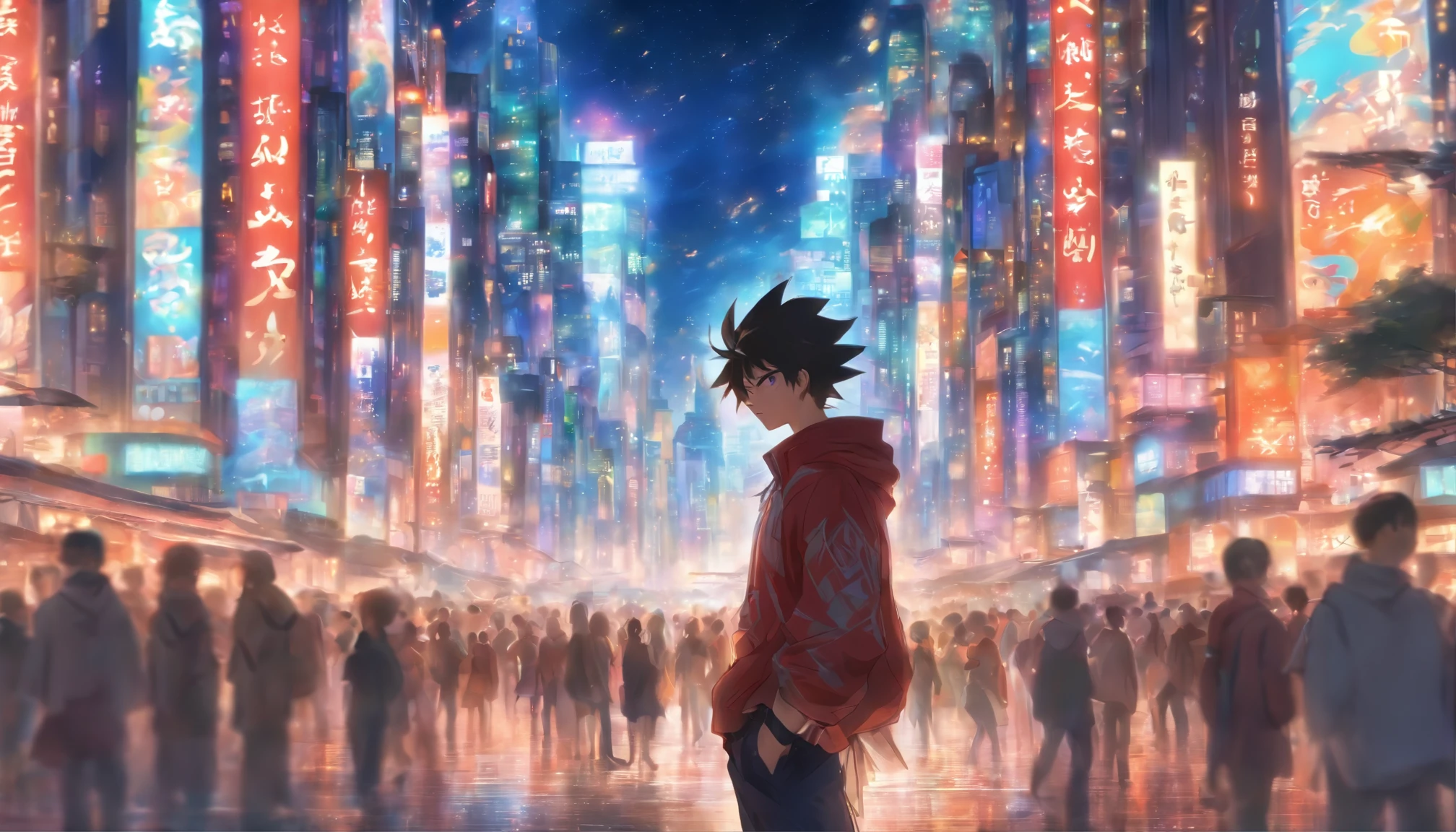 A young man standing on a busy city street, his eyes filled with deep contemplation, surrounded by towering buildings, constant traffic, and bustling crowds, ,in the style of the stars art group xing xing,32k, best quality, masterpiece, super detail, high details,