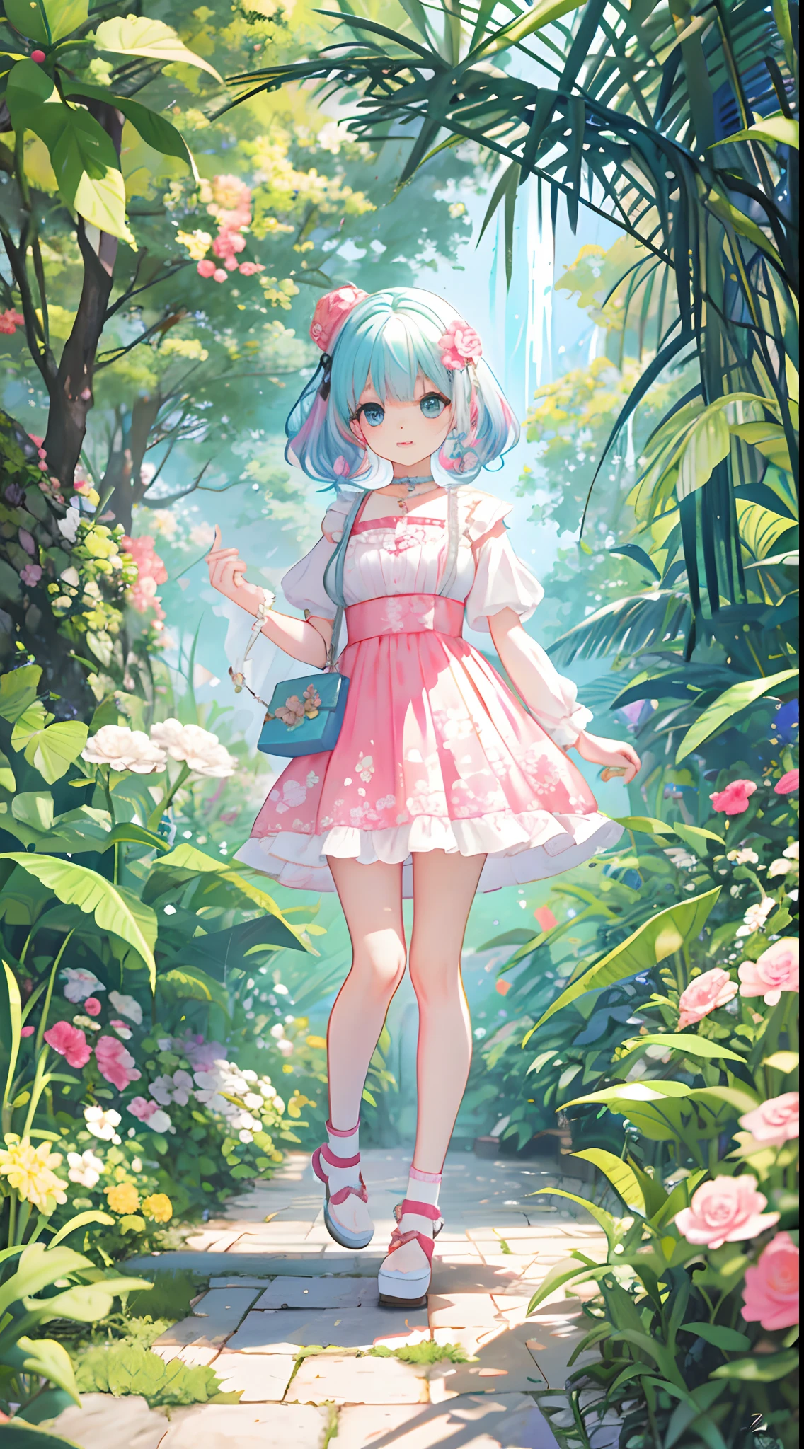 Anime girl in pink dress walking through a garden with flowers - SeaArt AI