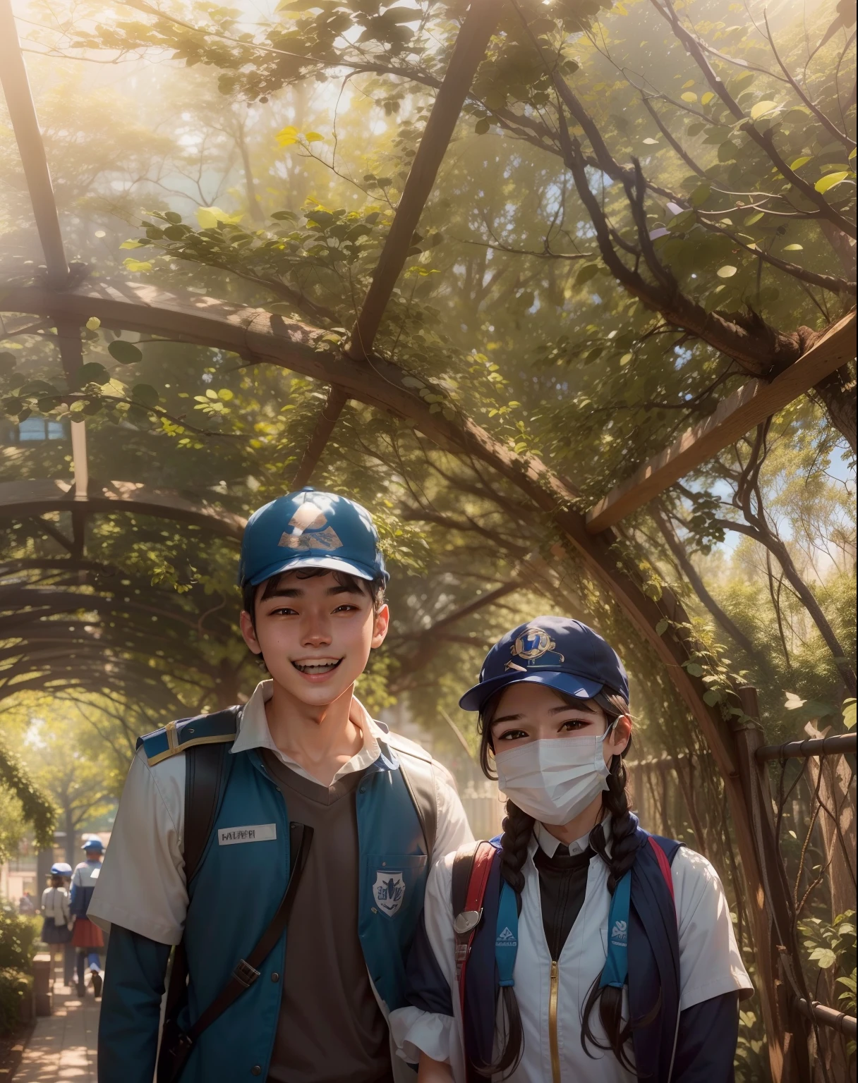 they are posing for a picture in front of a bush, movie promotional image, biopic, uniform background, in style of neodada, stylish pose, shot on nikon z9, wearing school uniform, student, edited, very clear picture, jk uniform, portrait shot, morning shot, new song, music video, edited in photoshop, realistic photo shoot, promotional movie still