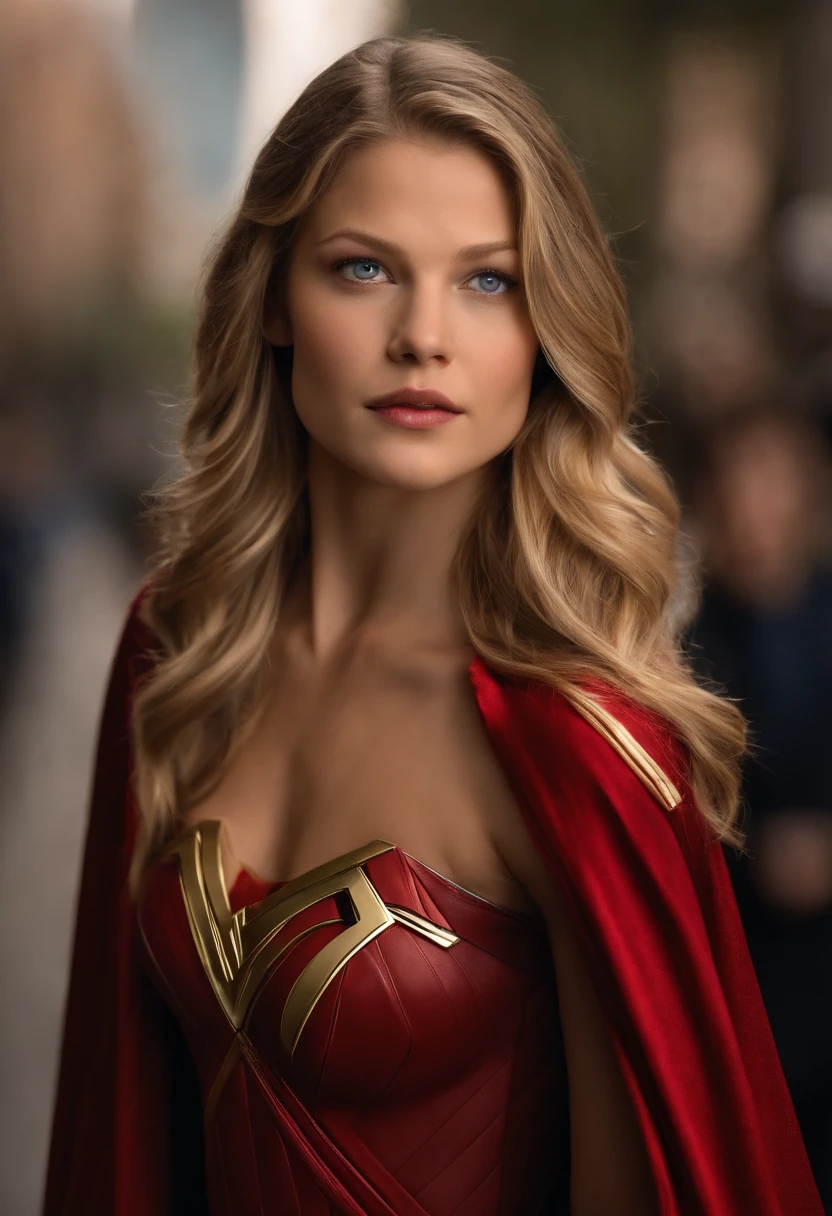 melissa Benoist, 8k, best quality, real image, intricate detail, ultra-detail, ultra-high resolution, depth field, (realistic, realistic: 1.2), masterpiece, photo 1girl, supergirl, superhero, realistic, blue eyes, blonde, long hair, serious, angry, solo, ((midriff)), ((navel)), (underboob), (long sleeves), (red skirt), (red cape), standing, city background, best quality, realistic, Realism, (complex details: 1.2), (fine details), (movie light), clear lines, sharp focus, realistic face, detailed beautiful face