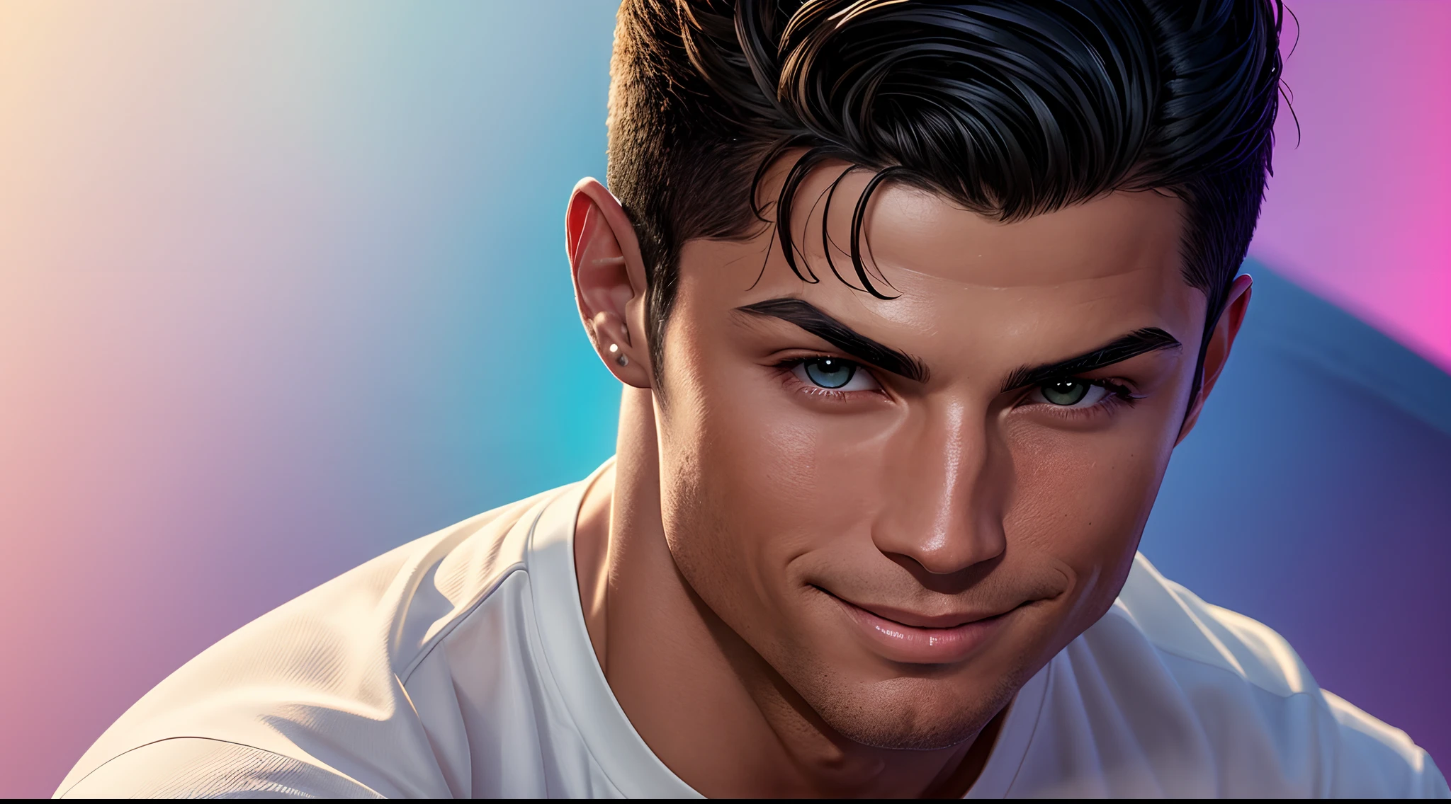 "cristiano ronaldo smiling picture is a real masterpiece with masculine beauty, perfect anatomy. Olpntng style, colorful rainbow, t-shirt design, clean design, epic Instagram, artstation, full of color paint streaks, wlop, contour. When you look at his beautiful eyes, you will see clearly every small detail and perfect line, every detail on the skin is beautiful in 8K quality , people will be captivated by the confidence radiating from every look. The face is drawn meticulously in every detail with 8K image quality.''