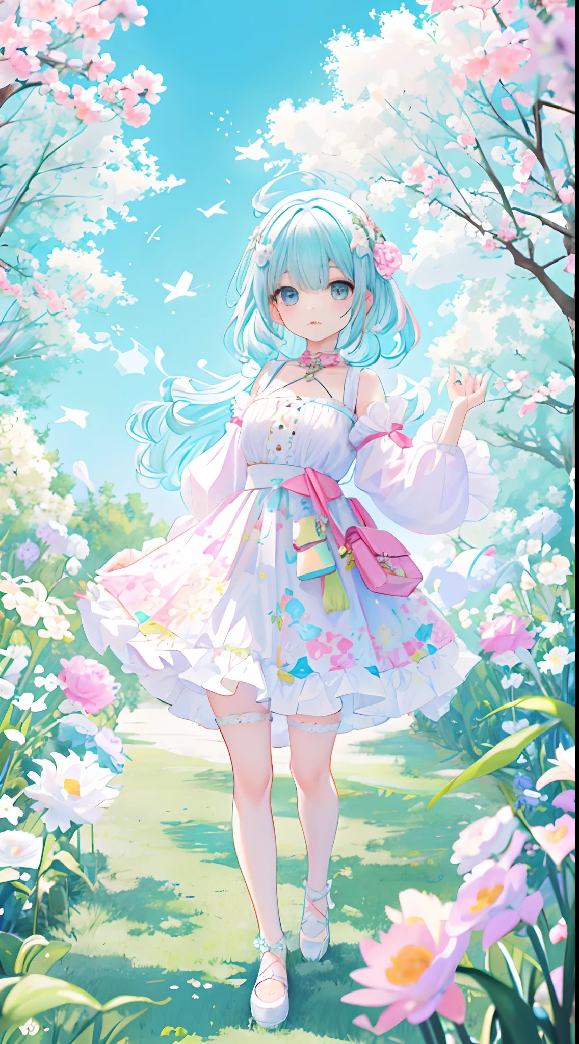 （（a sticker：1.5）））， （（chibi character））， （white backgrounid）， fluffly， Girl vs， Floral floral dress，  full body Esbian， pastel-colored hair， Pastel colors hair， fairytale-like，  Fringed skirt design， tmasterpiece， best qualtiy，Shining eyes、Cute Baby Turtle!!tchibi!!!,