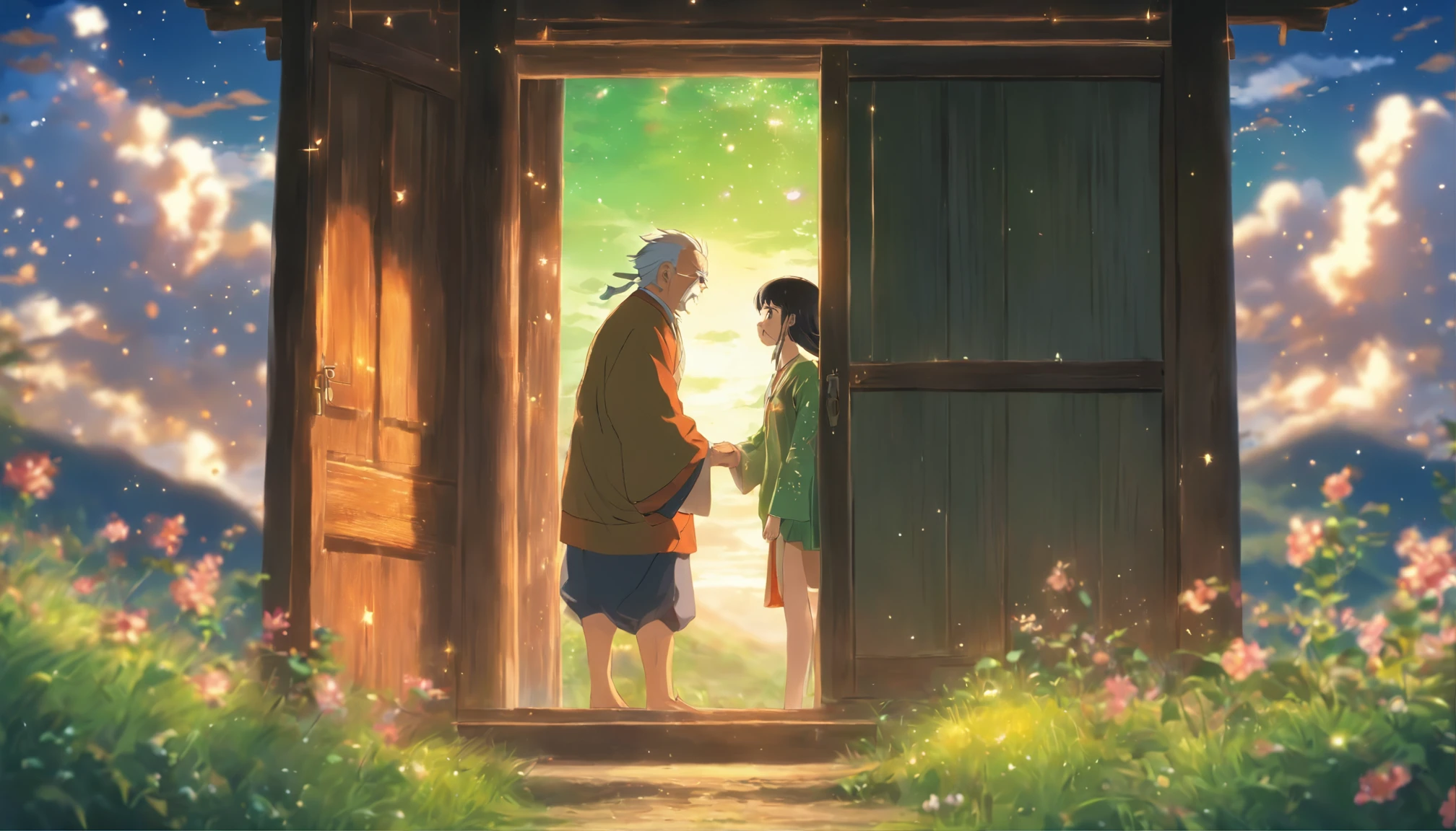 An old man standing at the door, with a young and beautiful girl in front of him, emotions of touched and joy on the old man's face, tears sparkling in the girl's eyes, wide fields and green mountains surrounding them, a few white clouds floating in the sky, ,in the style of the stars art group xing xing, 32k, best quality, masterpiece, super detail, high details