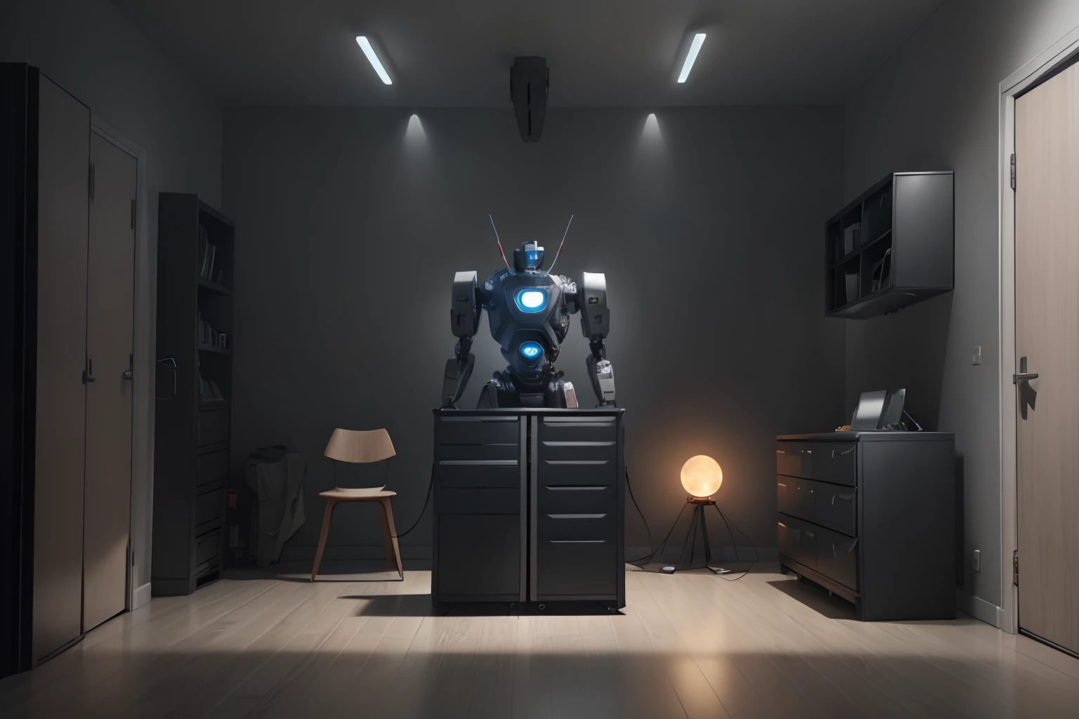 ((Thrilling sci-fi showdown)), Create an image of a suspenseful scene where a common piece of furniture, a chest of drawers, has unexpectedly transformed into a menacing robot. The robotic chest of drawers looms over its surroundings, mechanical limbs armed with futuristic weaponry poised for an impending attack. Show the shock and fear on the faces of the human characters in the room as they realize the impending danger. The room should be dimly lit, with sparks flying and a sense of urgency in the air, evoking a thrilling sci-fi atmosphere.
