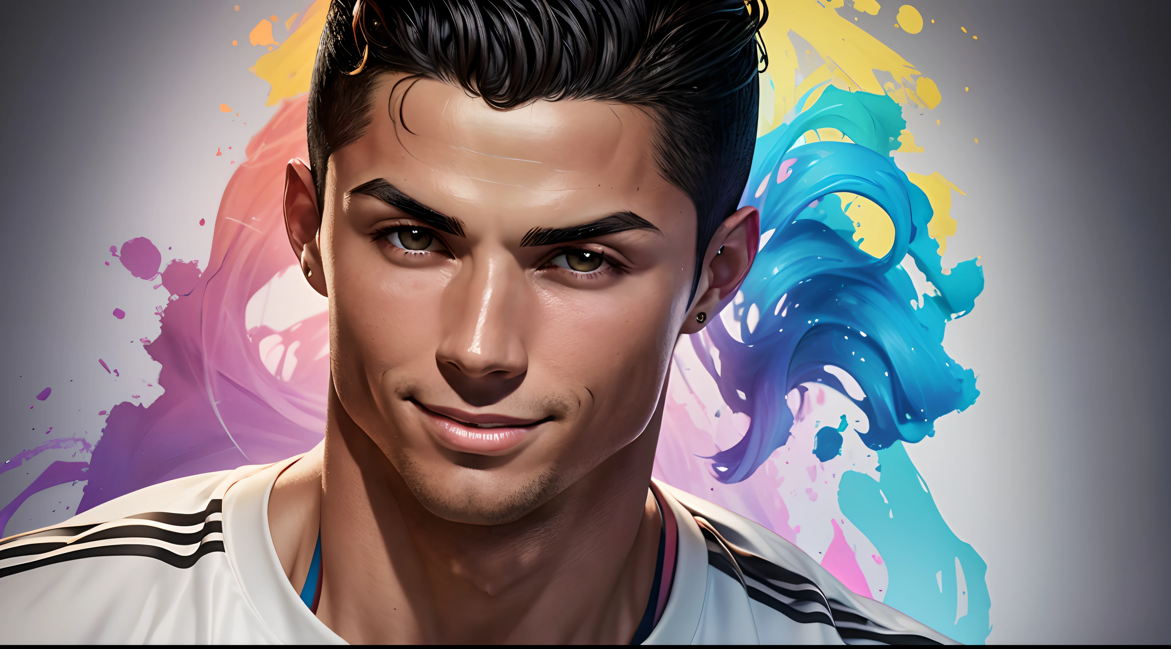 "cristiano ronaldo smiling picture is a real masterpiece with masculine beauty, perfect anatomy. Olpntng style, colorful rainbow, t-shirt design, clean design, epic Instagram, artstation, full of color paint streaks, wlop, contour. When you look at his beautiful eyes, you will see clearly every small detail and perfect line, every detail on the skin is beautiful in 8K quality , people will be captivated by the confidence radiating from every look. The face is drawn meticulously in every detail with 8K image quality.''