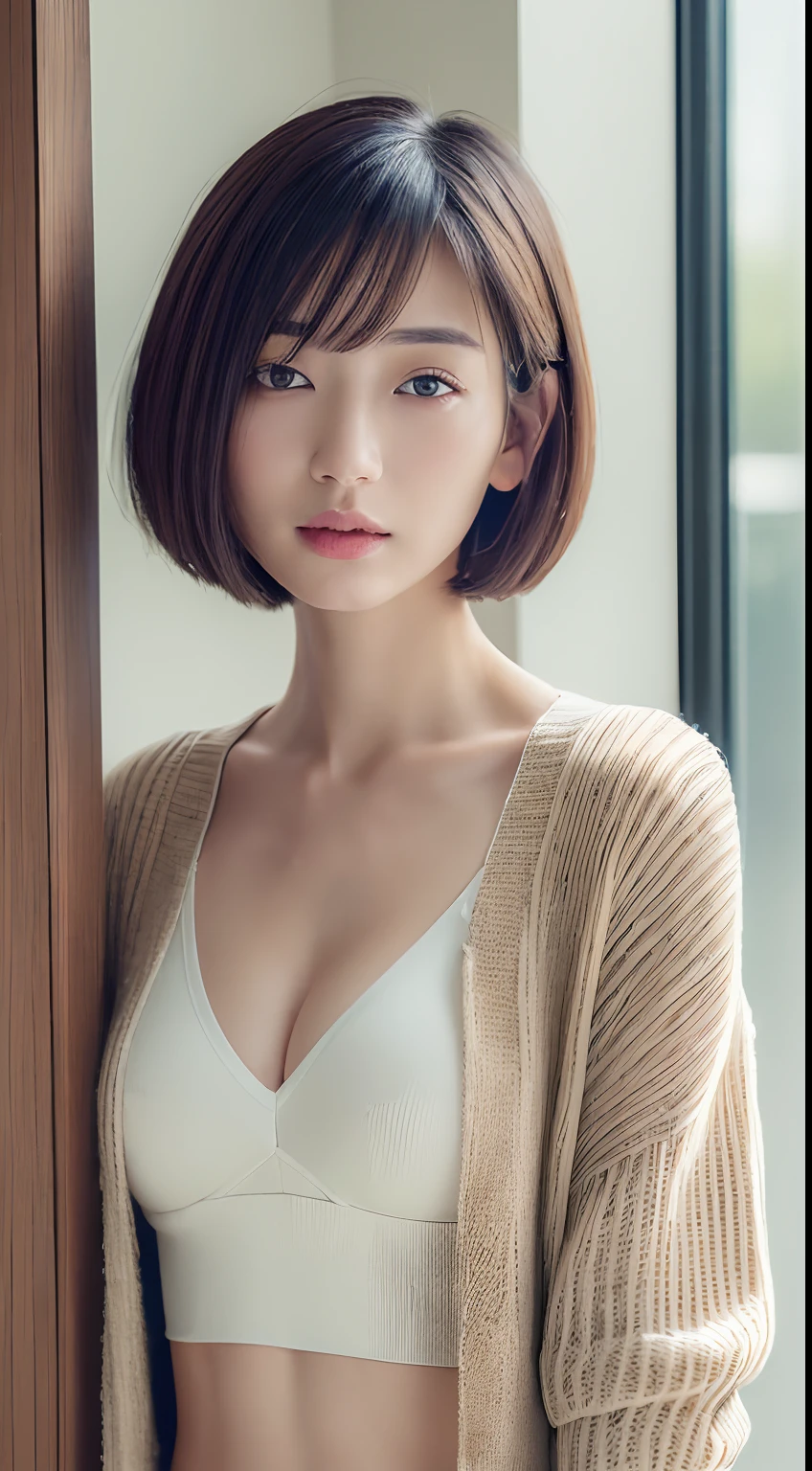 ((top-quality、8k、​masterpiece:1.3))、女の子1人、Beautiful woman with slender abs:1.3、(medium short hair、爆乳:1.2)、cardigan:1.1、hyperdetailed face、A detailed eye、二重まぶた 、Underwear