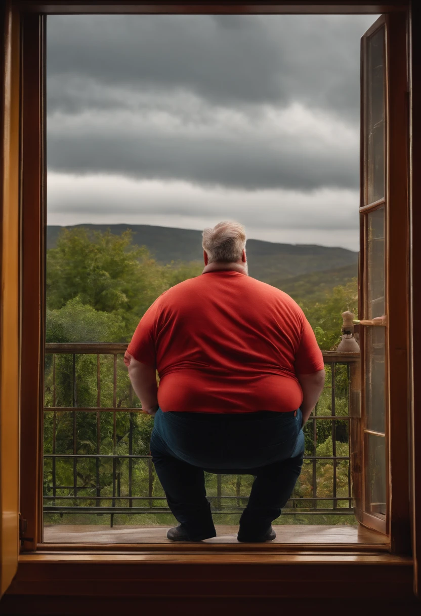 An obese white male,Look out the window,8k,hyper realisitc