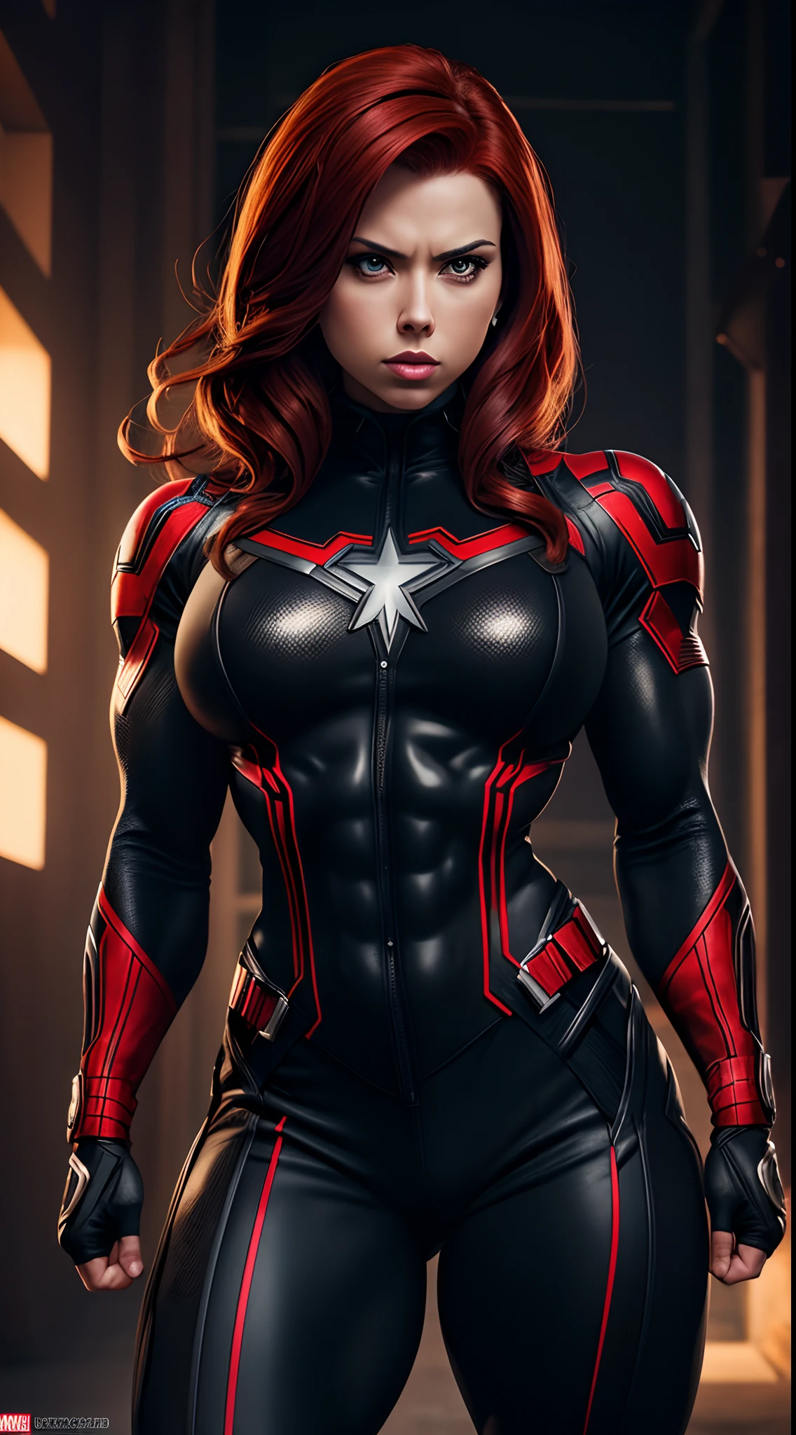 Black Widow marvel ,Bodybuilder, super strong, muscular, ABS, 35mm lens, photography, ultra details, HDR, UHD,8K
