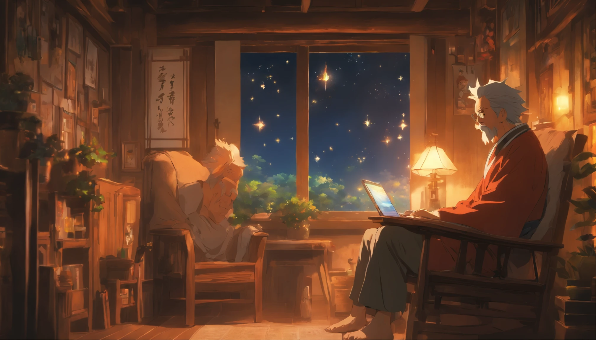 An elderly man sitting in a rocking chair in his home, with a focused gaze on the computer screen. The screen displays the live broadcast of his great-granddaughter, and he watches with anticipation, seemingly captivated by her charm. The room is filled with a warm atmosphere, with family photos hanging on the walls, reflecting cherished memories.,in the style of the stars art group xing xing, 32k, best quality, masterpiece, super detail, high details
